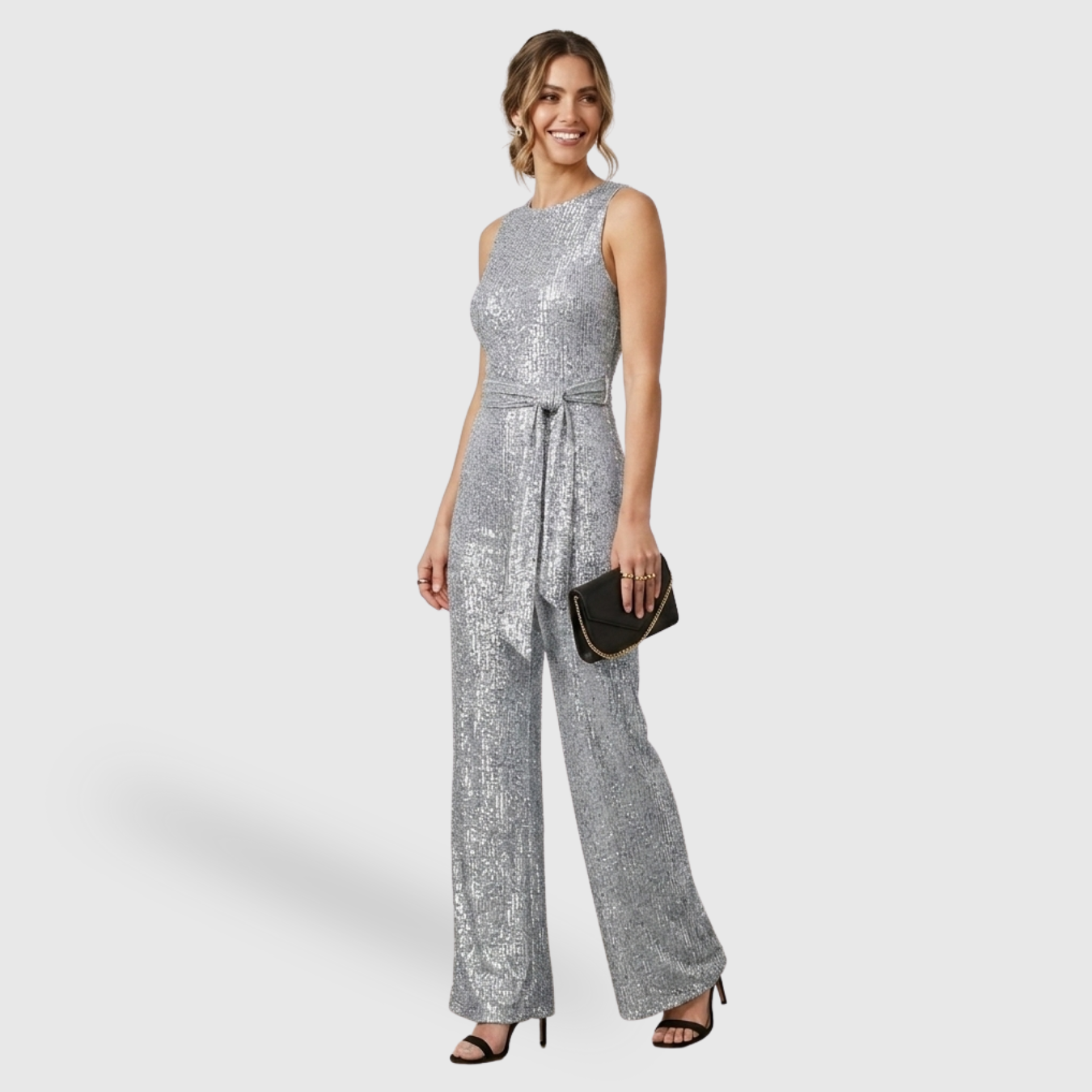 Combinaison femme pailletée pantalon large sans manches ceinturée