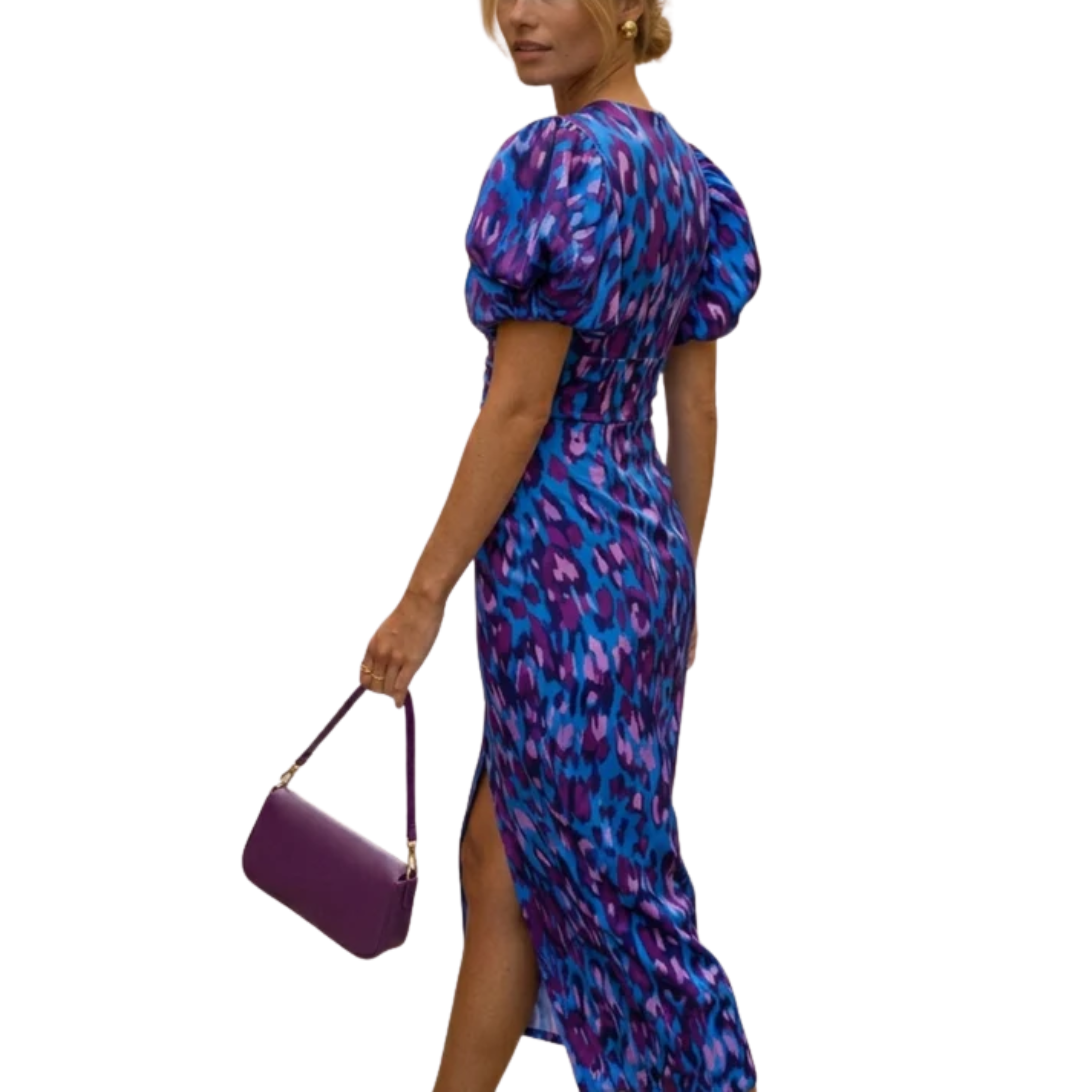 Robe longue imprimée — col en v et manches volume — fête