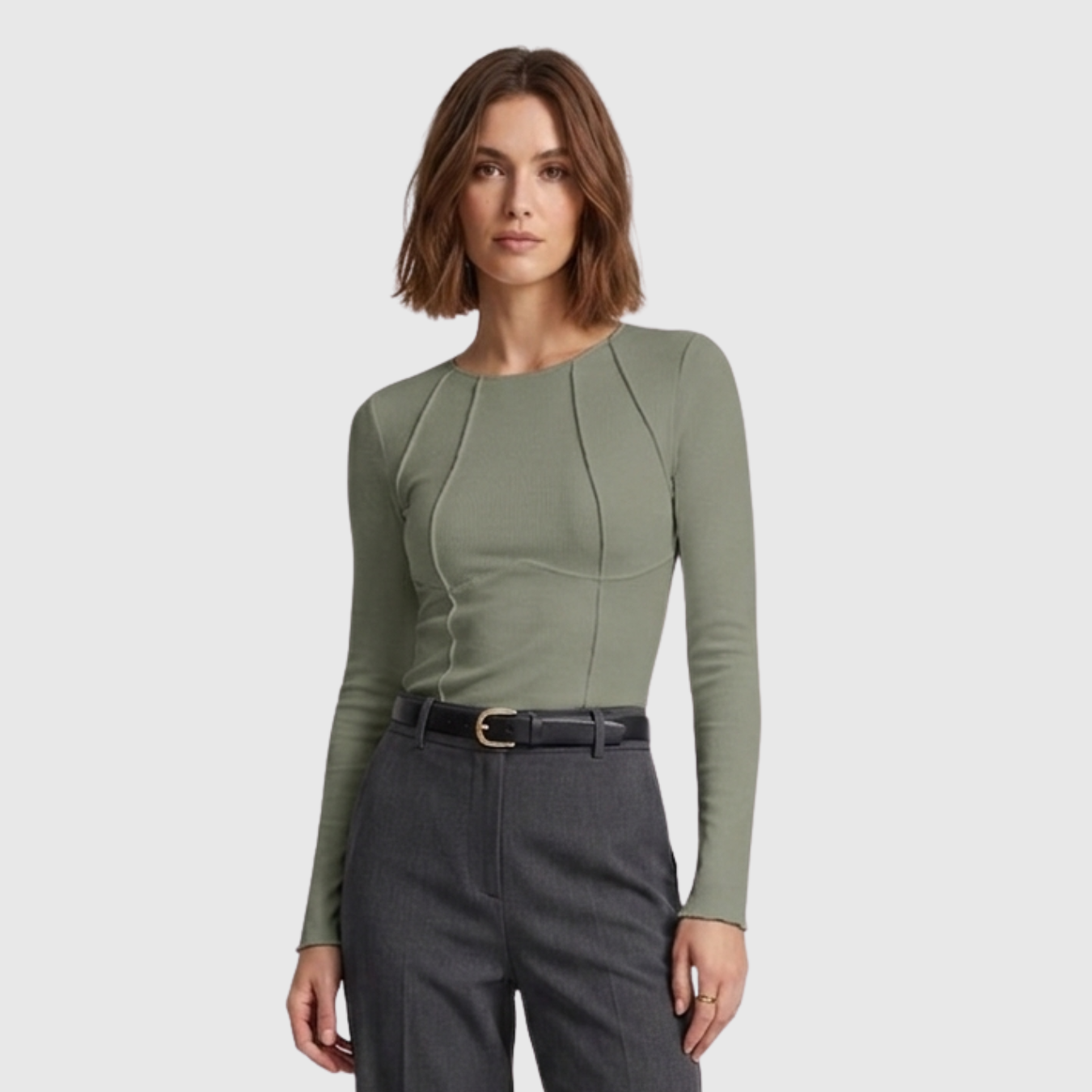 Top manches longues femme ajusté détail piping col rond