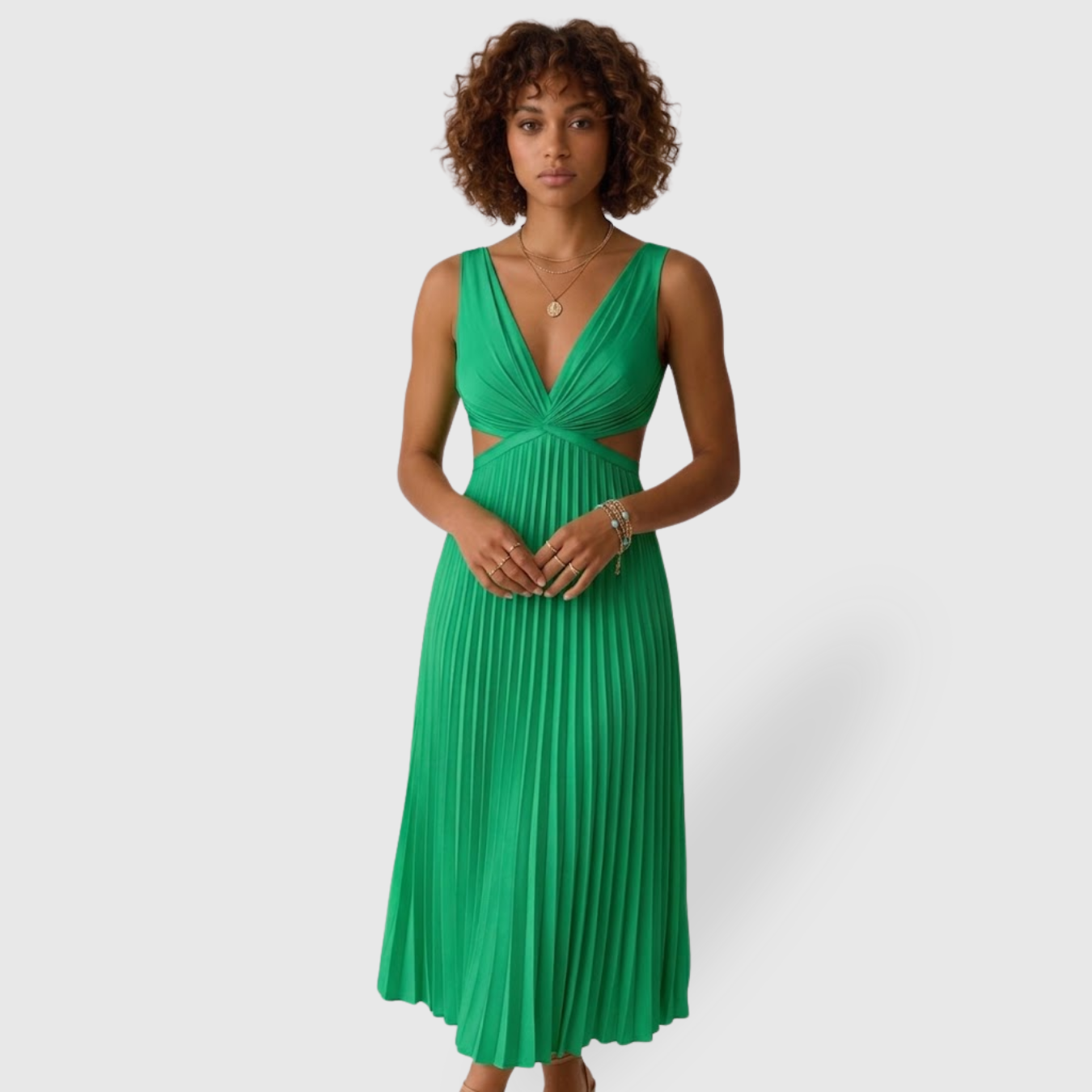 Robe longue plissée femme col V sans manches coupe fluide