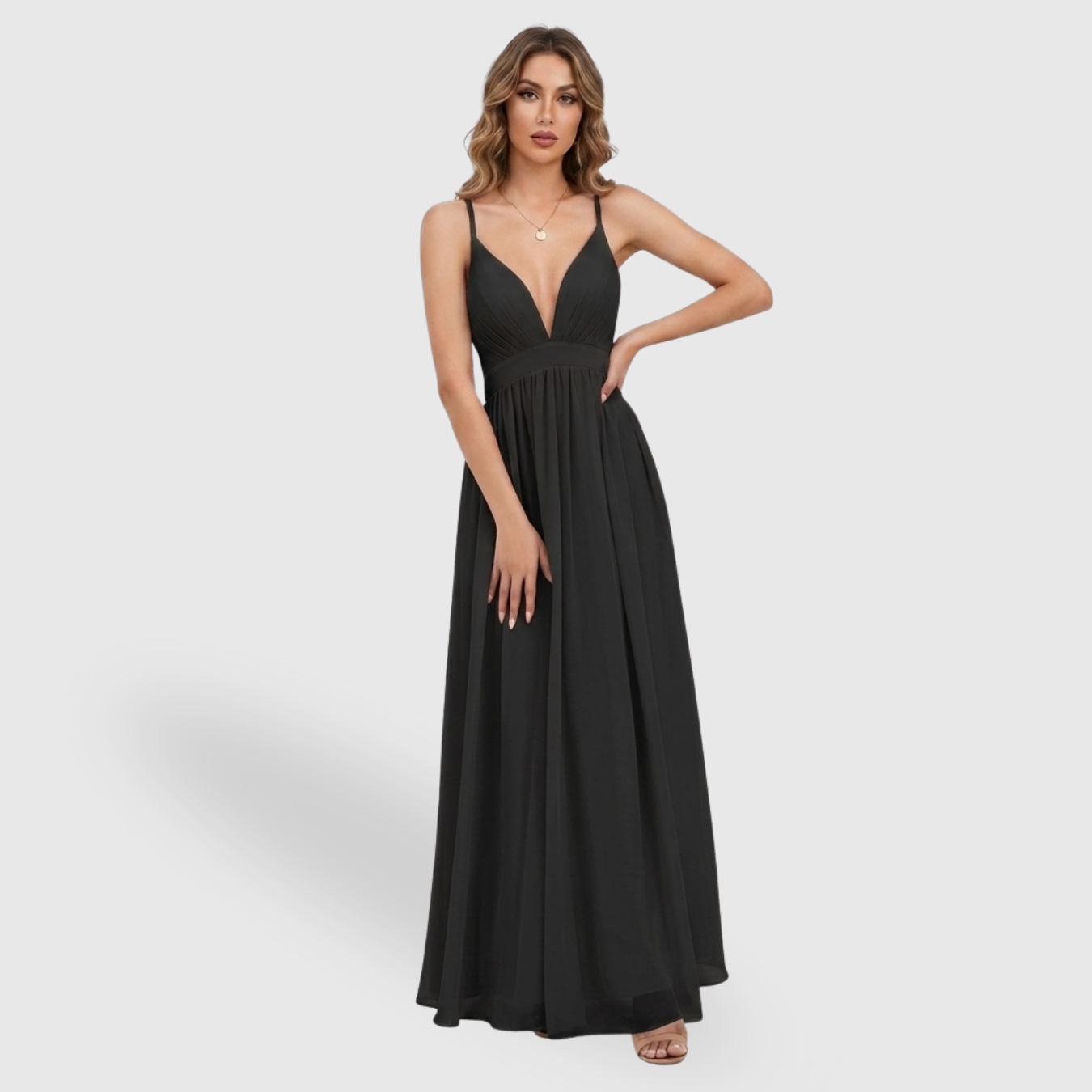 Robe de cérémonie femme longue mousseline bretelles décolleté plongeant