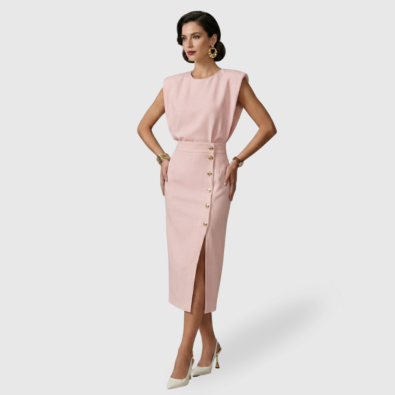 Robe midi femme sans manches ceinturée fente avant fermeture boutonnée
