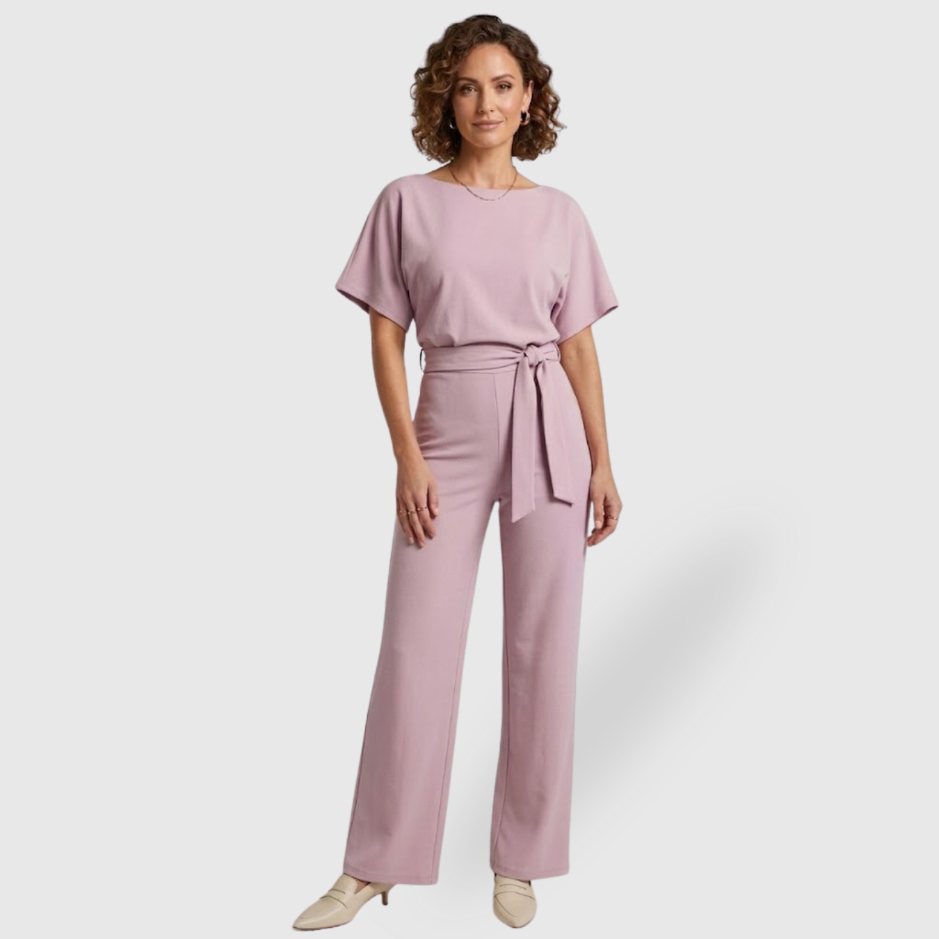 Combinaison pantalon femme manches courtes taille ceinturée coupe large
