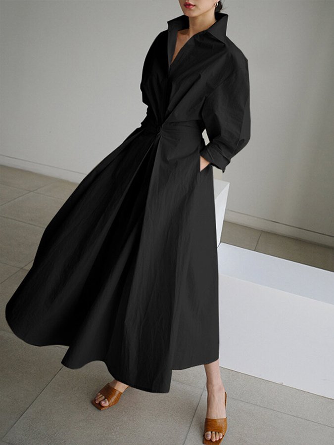 Robe Chemise Longue Femme Ceinturée Col Événement Élégant