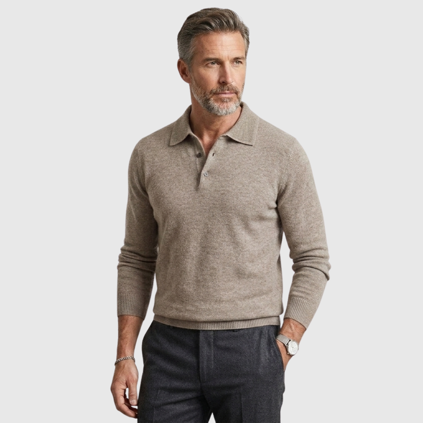 Pull homme laine mérinos col polo boutonné manches longues coupe droite