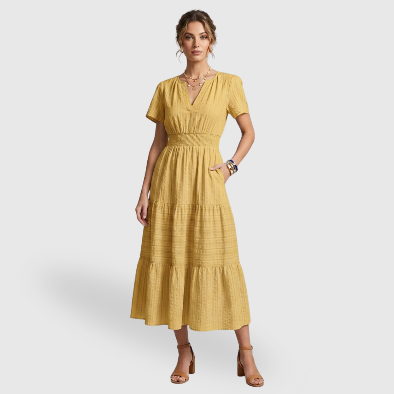 Robe longue femme bohème col V manches courtes coupe fluide