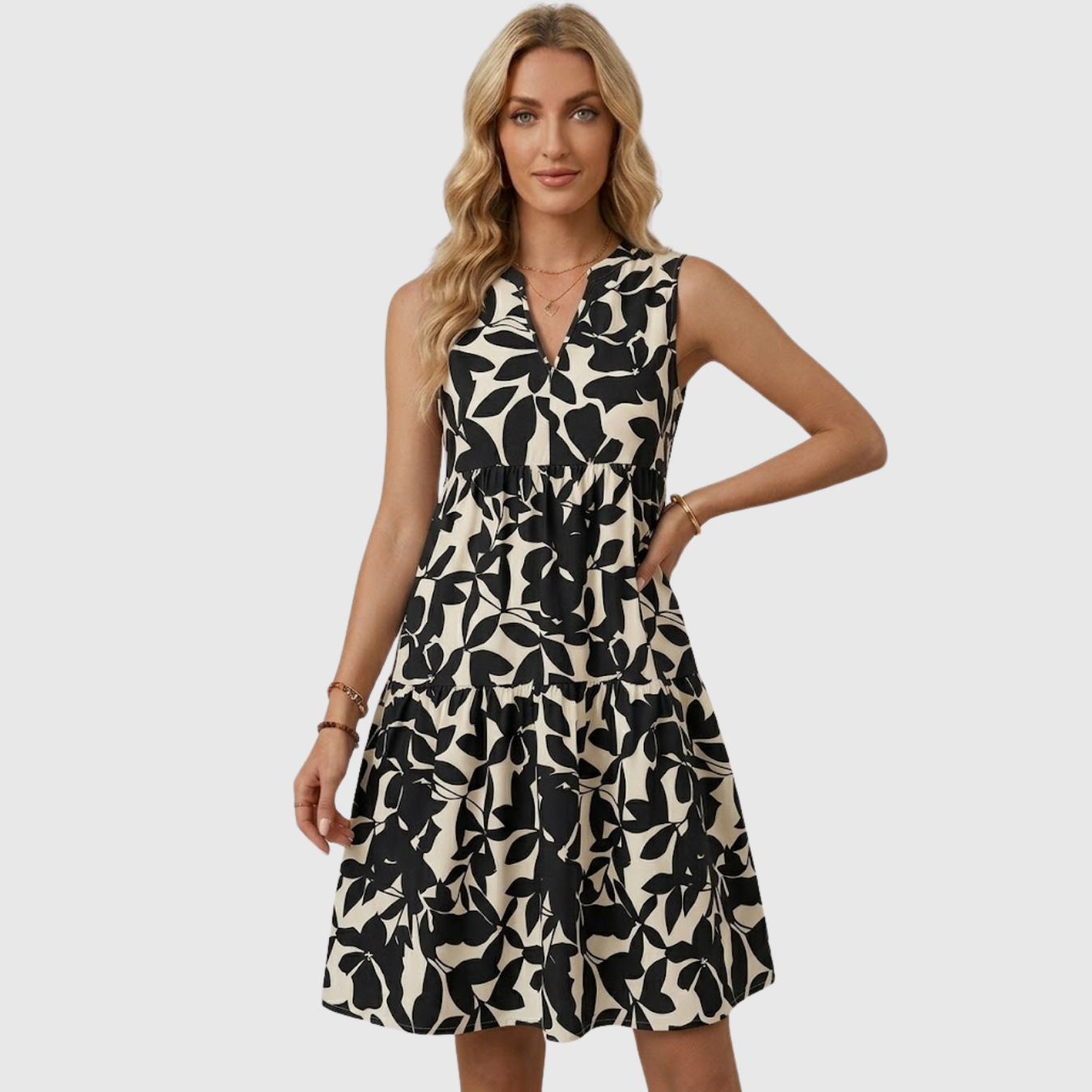 Robe femme col V imprimée coupe fluide manches courtes élégante