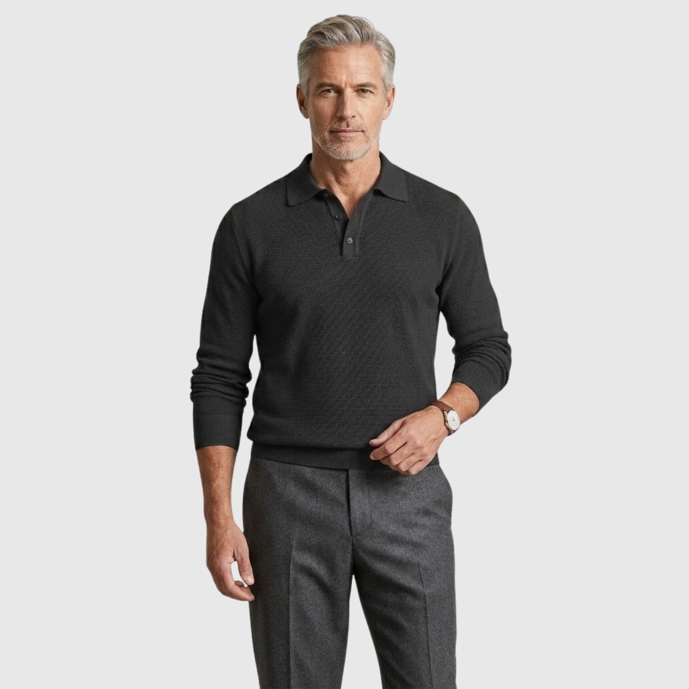 Polo homme manches longues coton mélangé col boutonné coupe droite