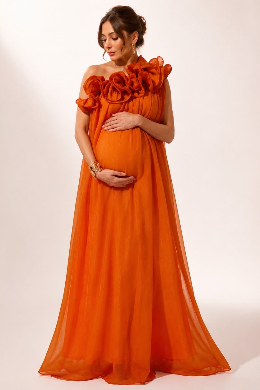 Robe Maxi Maternité Une Épaule Volant Asymétrique