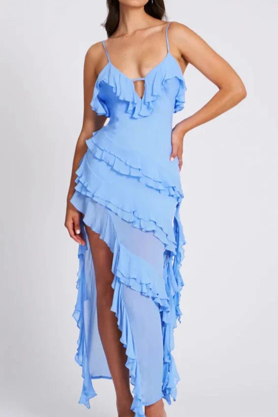 Robe femme à volants bretelles asymétrique légère