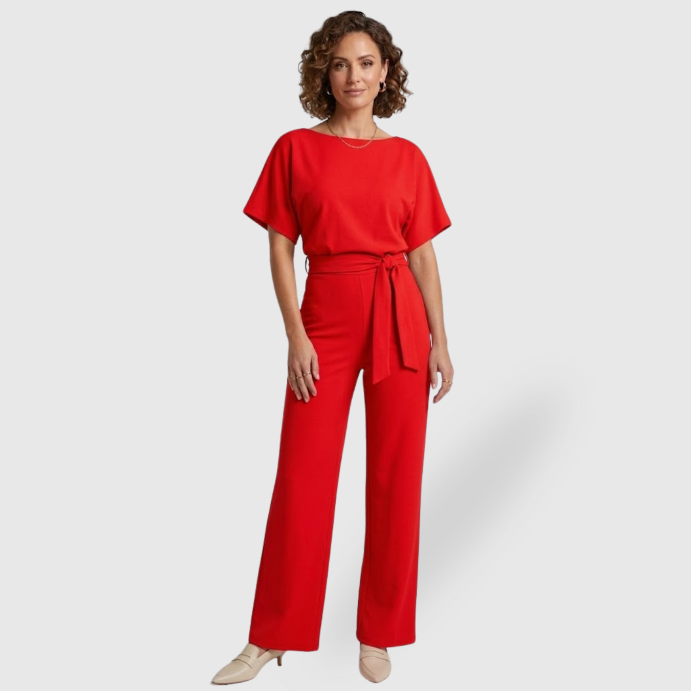 Combinaison pantalon femme manches courtes taille ceinturée coupe large