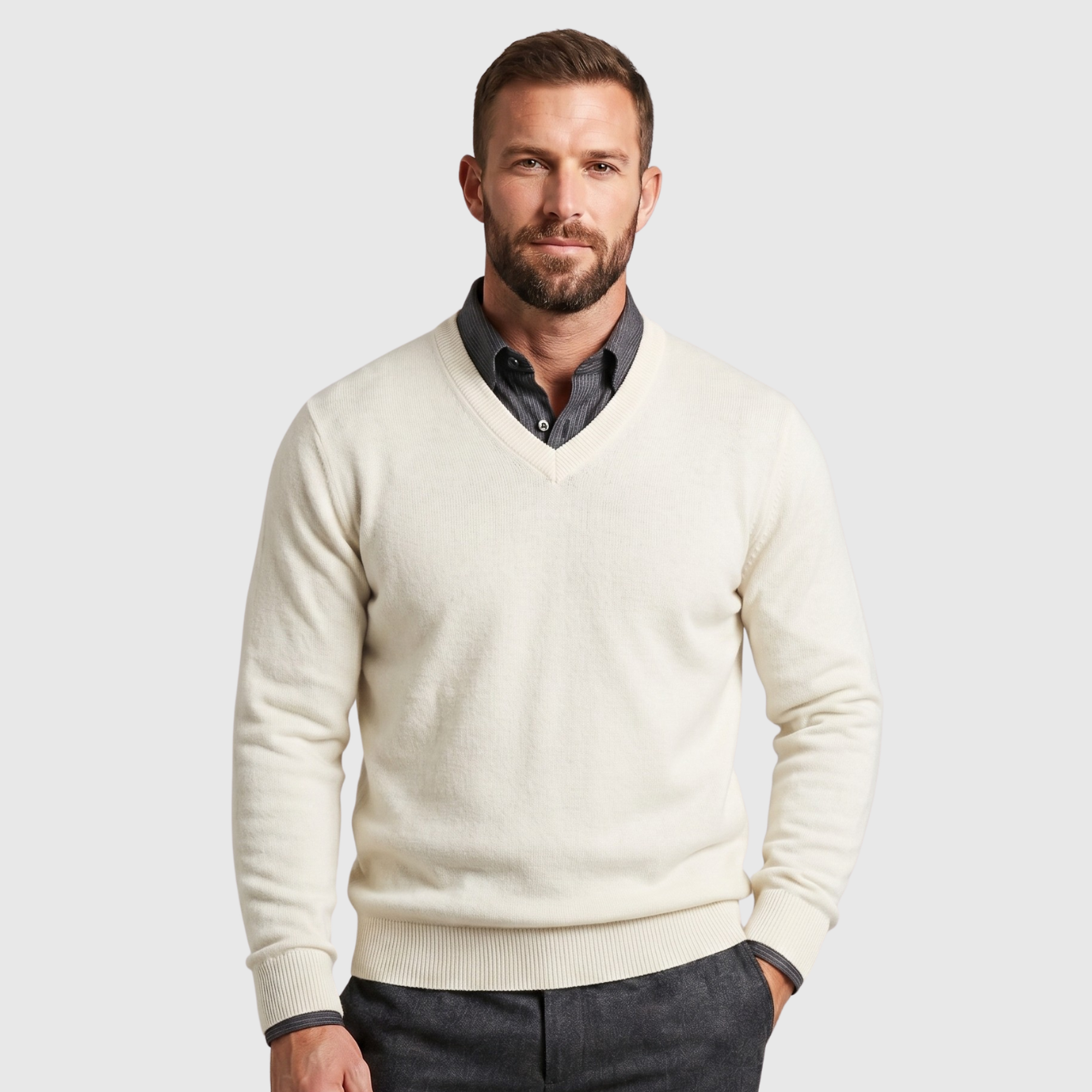 Pull homme cachemire col V coupe ajustée manches longues