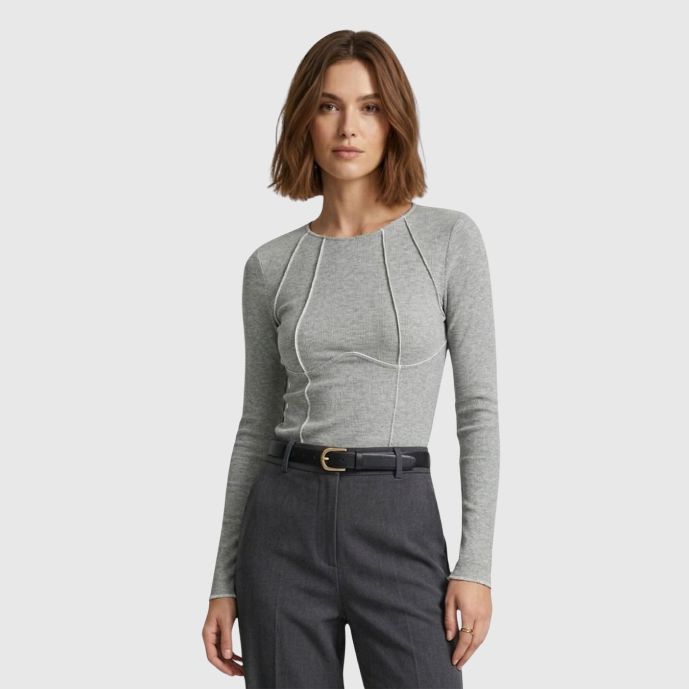 Top manches longues femme ajusté détail piping col rond