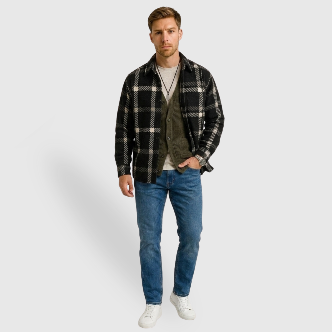 Chemise homme à carreaux coton polyester manches longues coupe décontractée