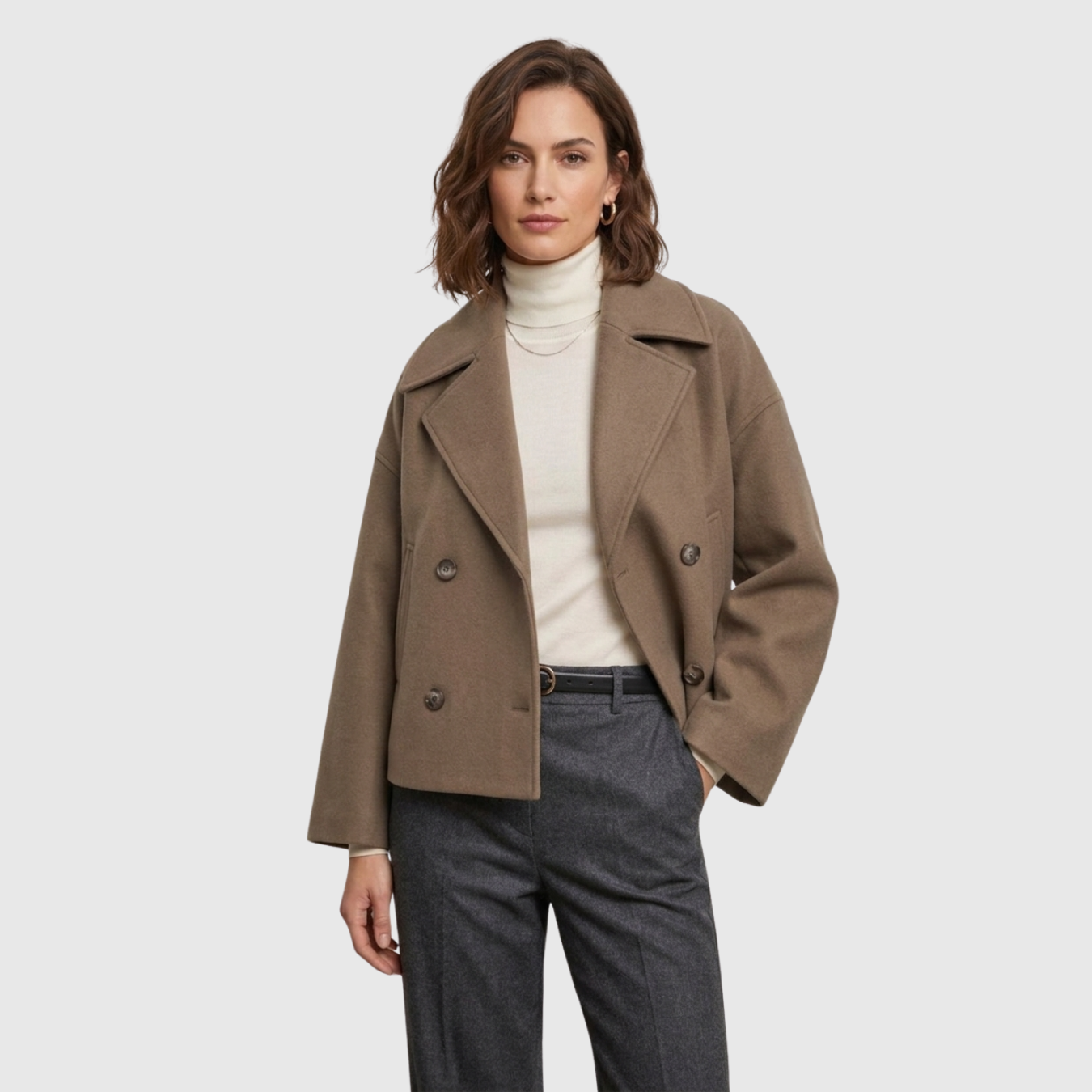 Manteau court femme croisé col large manches longues coupe droite