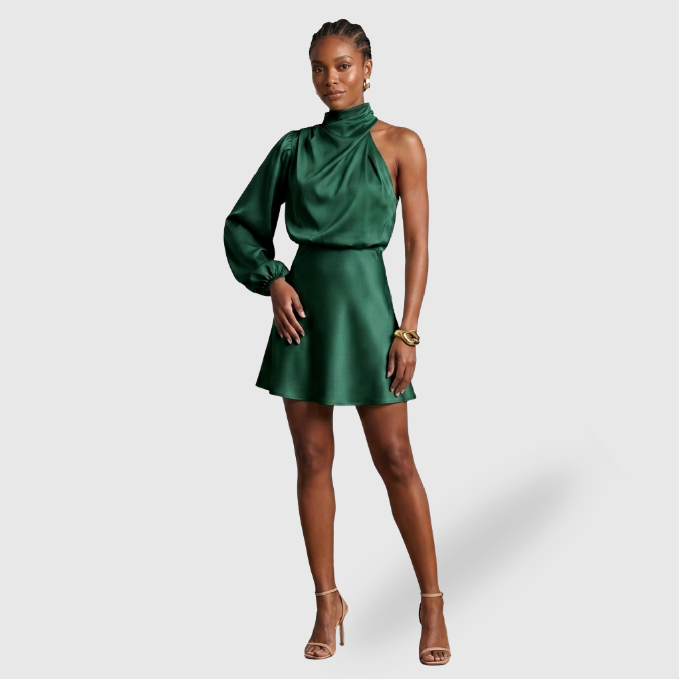 Robe satinée asymétrique femme une épaule manches longues courte
