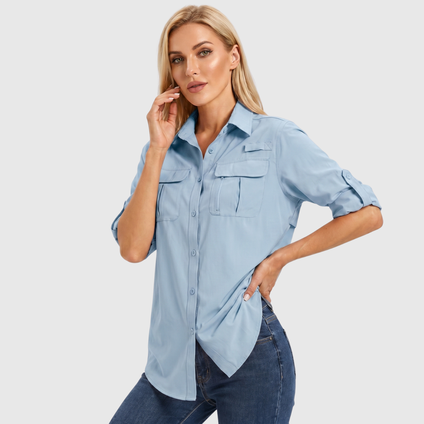 Chemise femme manches longues boutonnée poches safari coupe décontractée