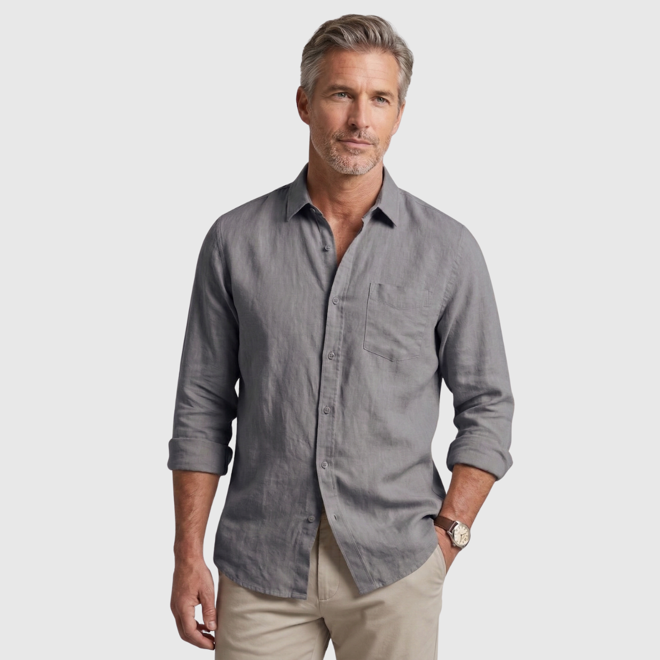 Chemise homme en lin manches longues col boutonné coupe légère été