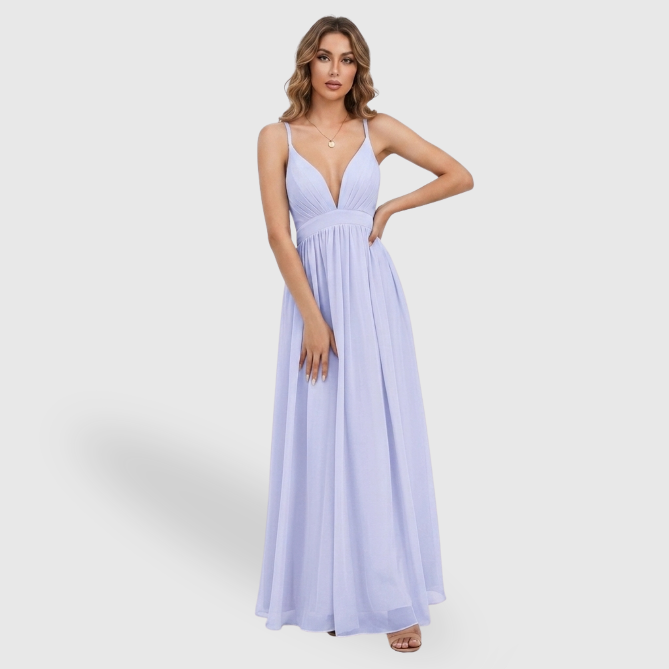 Robe de cérémonie femme longue mousseline bretelles décolleté plongeant