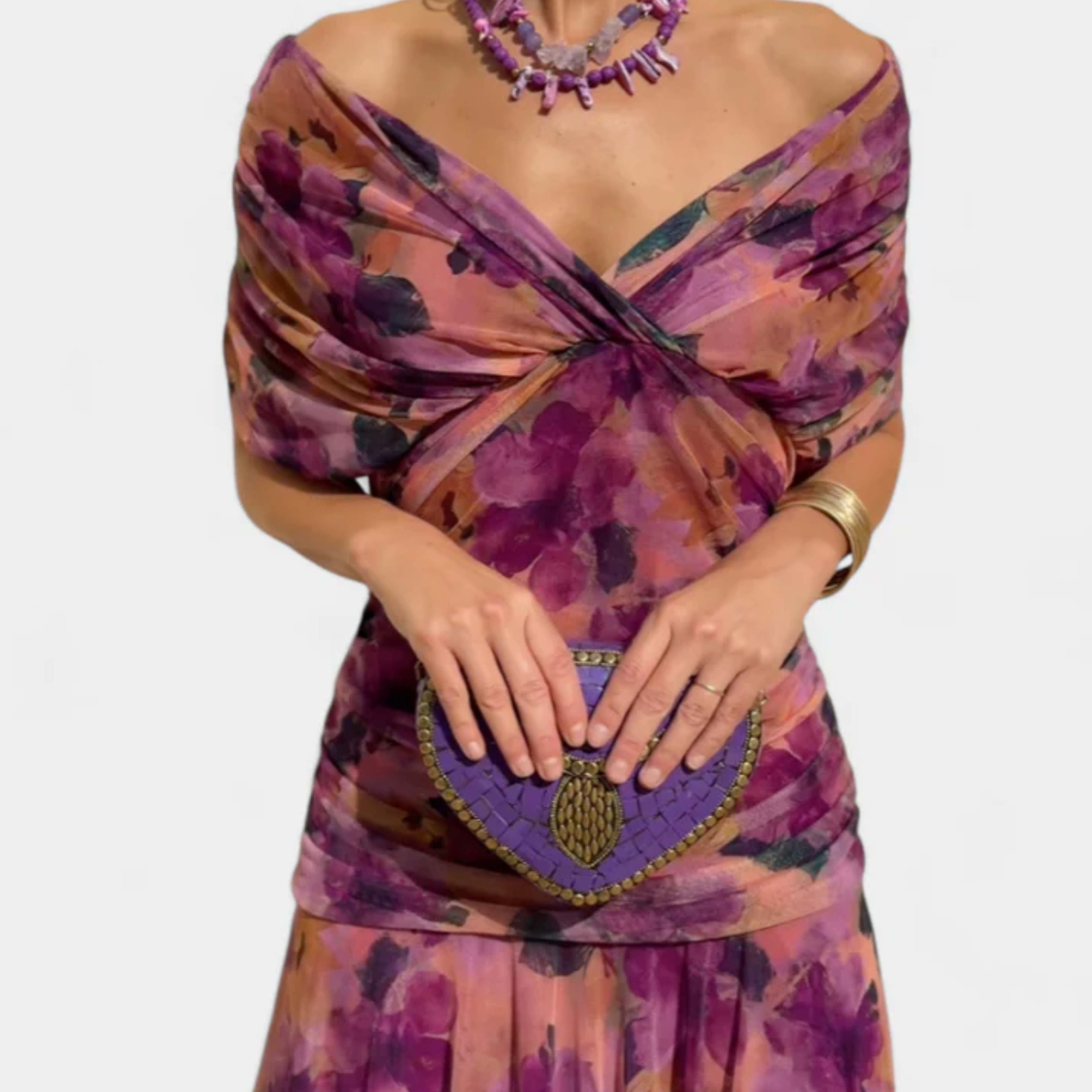 Robe maxi évasée — col en V et manches flottantes — cérémonie