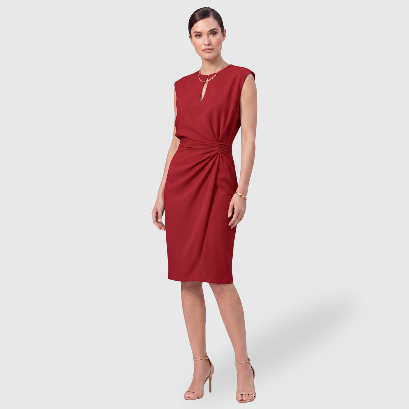 Robe midi femme col goutte d’eau sans manches taille froncée ajustée