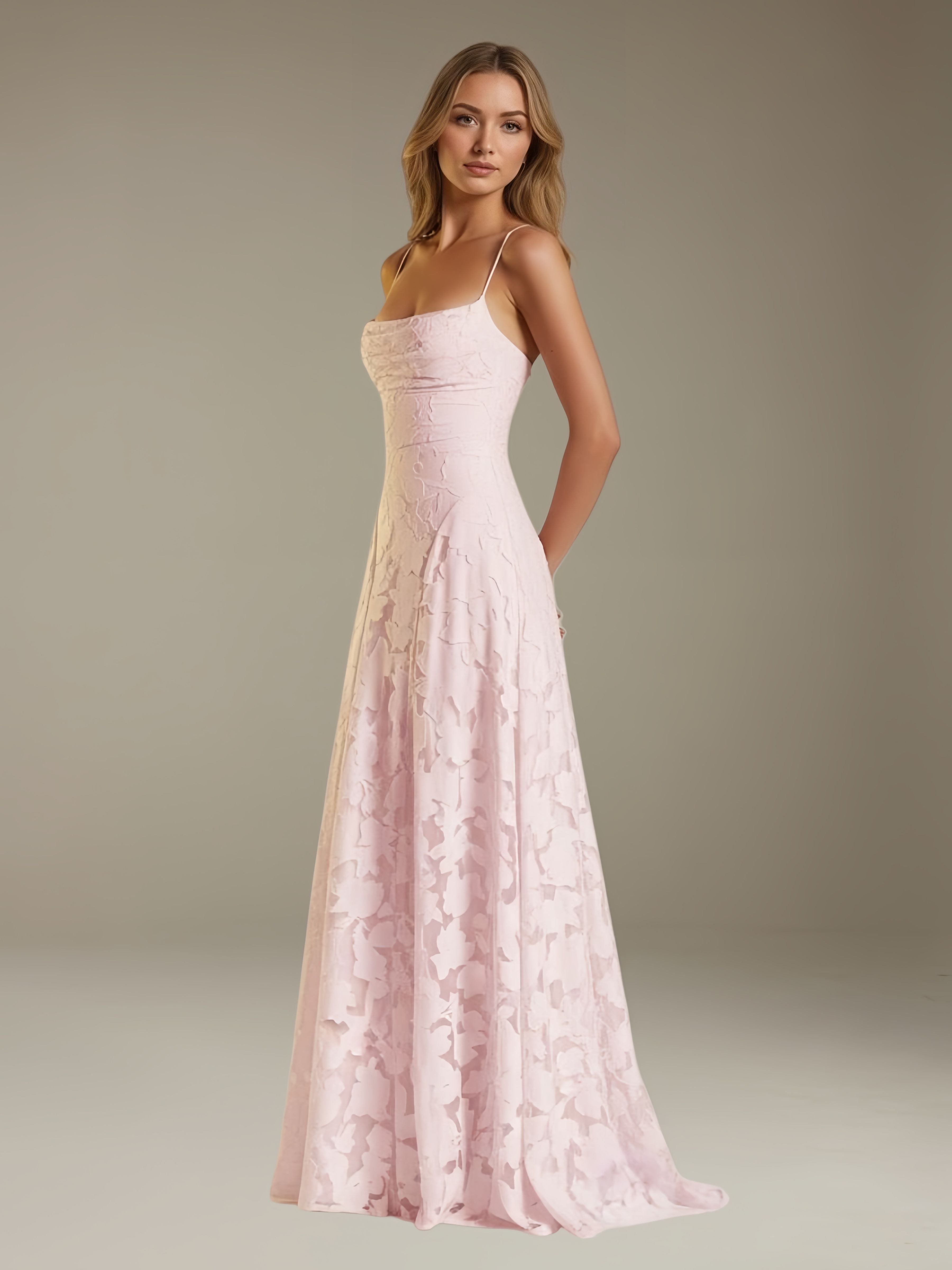 Robe demoiselle d'honneur dentelle bretelles spaghetti longueur sol