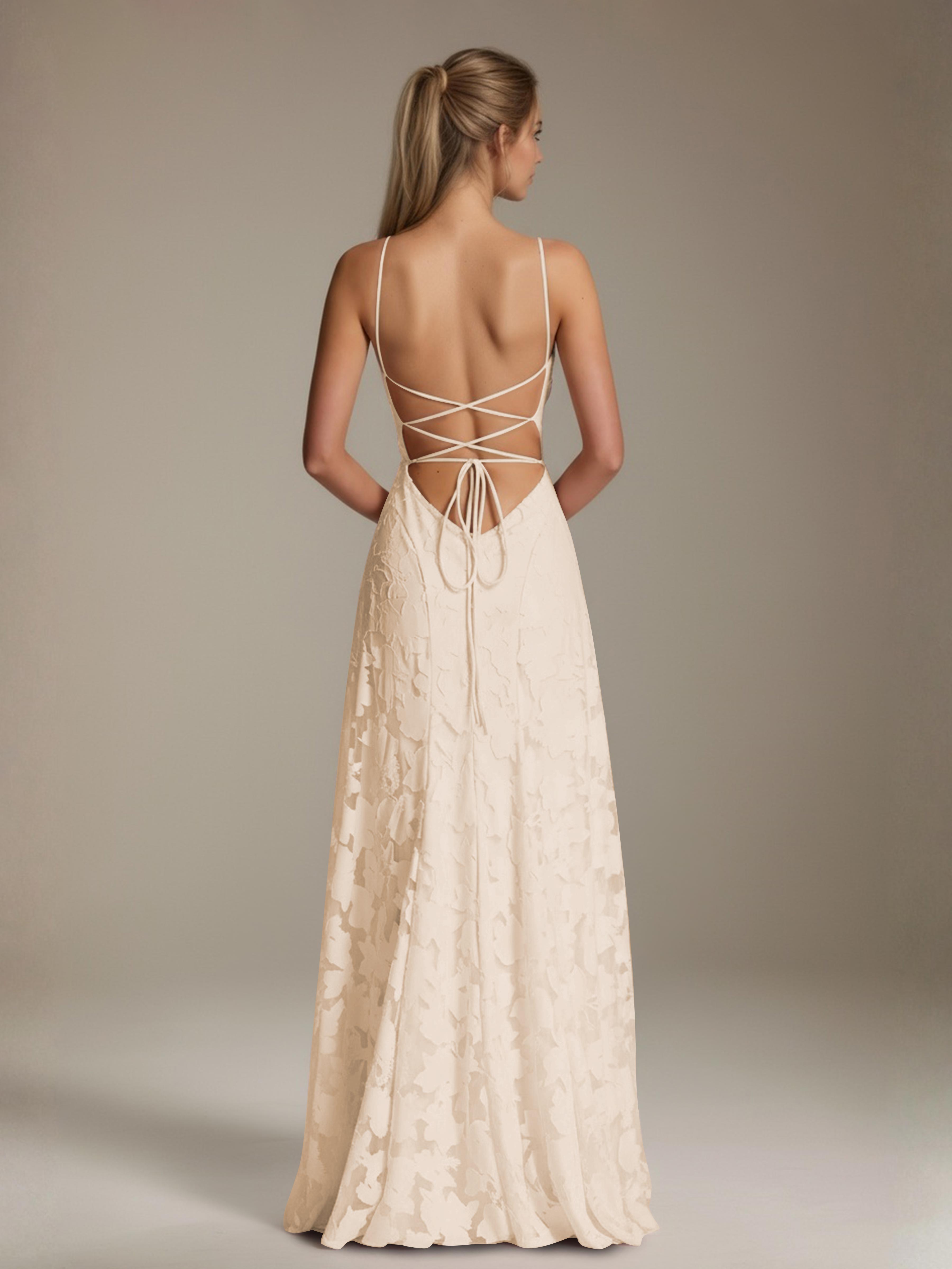 Robe demoiselle d'honneur dentelle bretelles spaghetti longueur sol