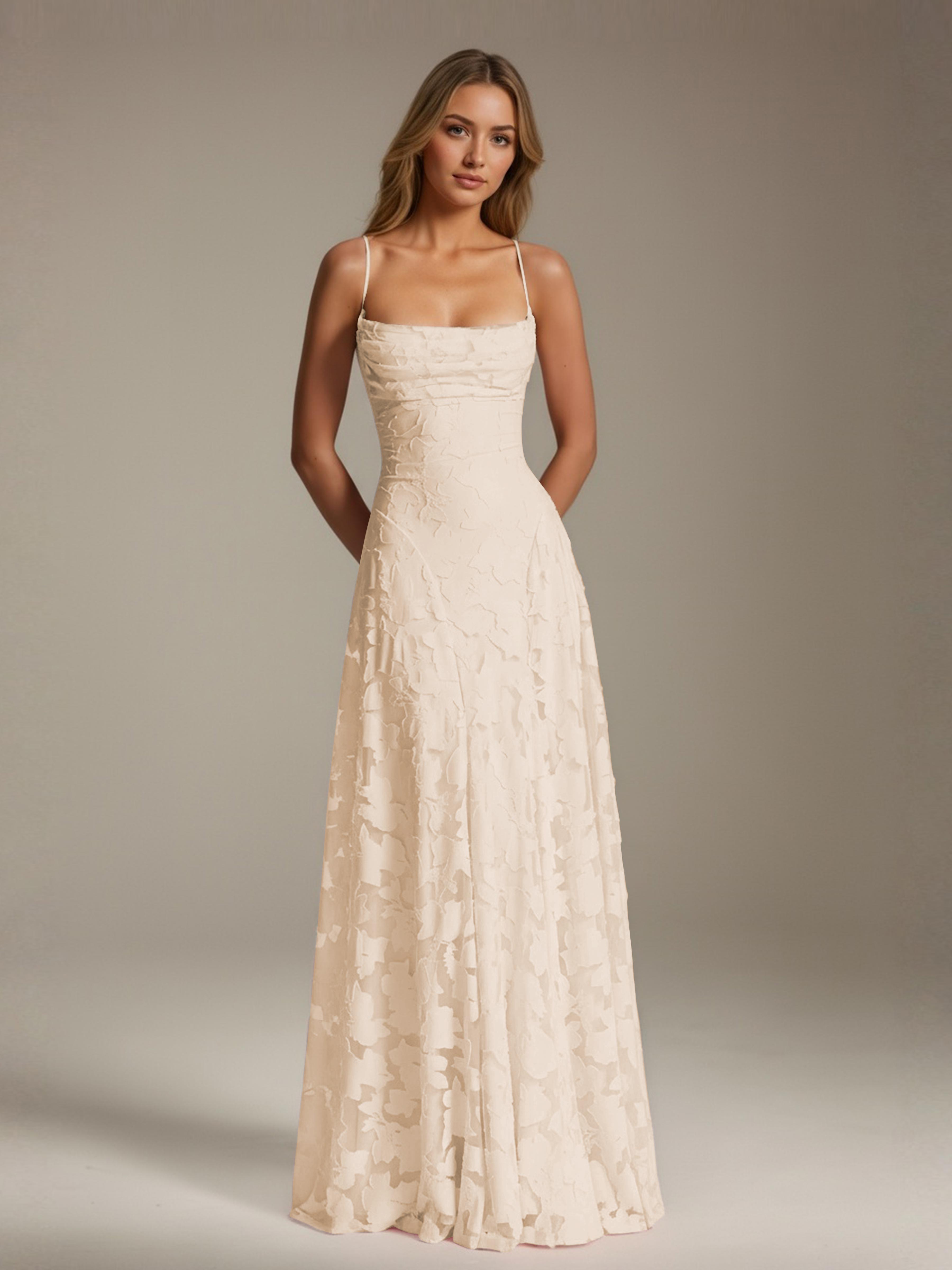 Robe demoiselle d'honneur dentelle bretelles spaghetti longueur sol