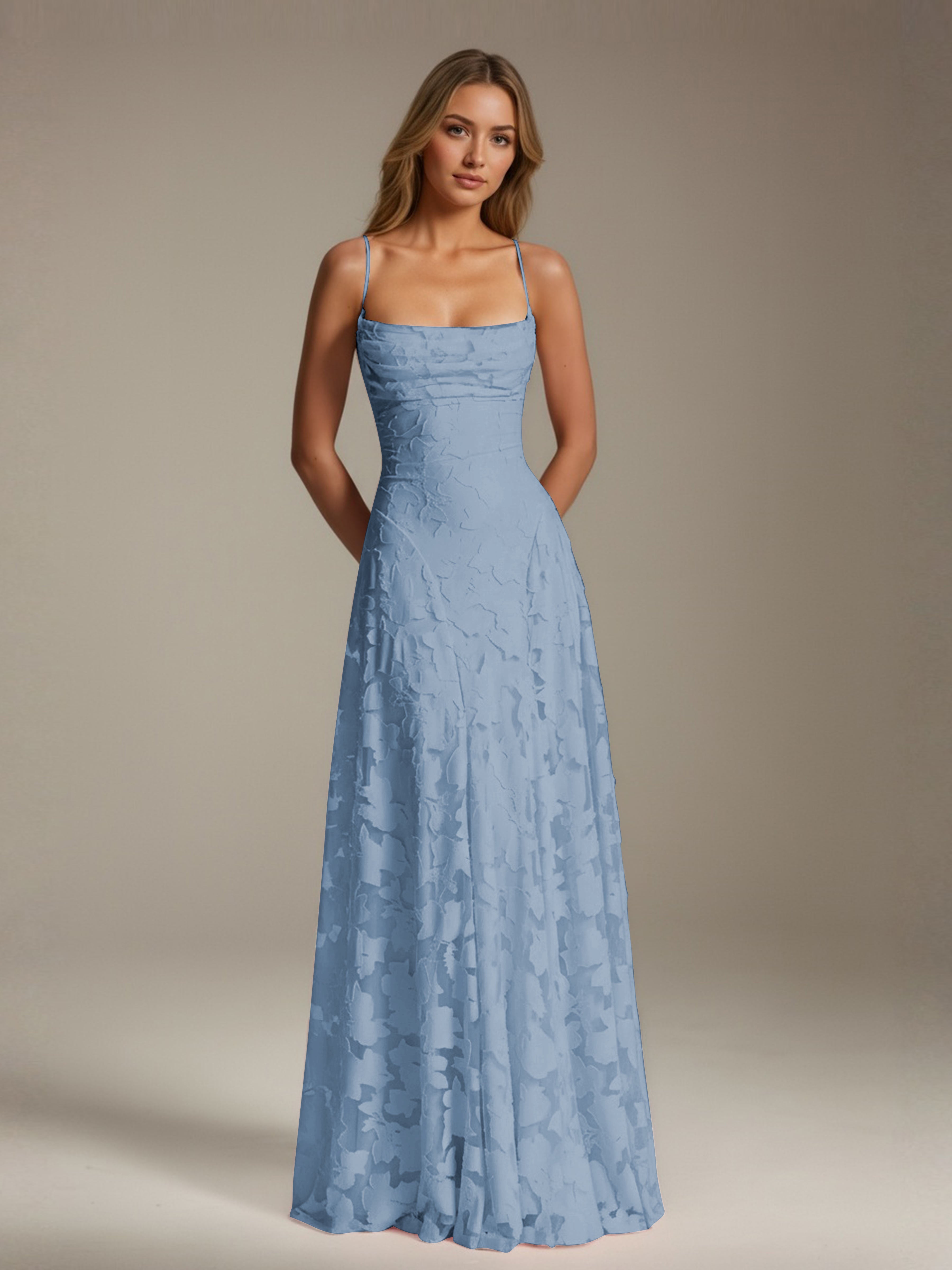 Robe demoiselle d'honneur dentelle bretelles spaghetti longueur sol