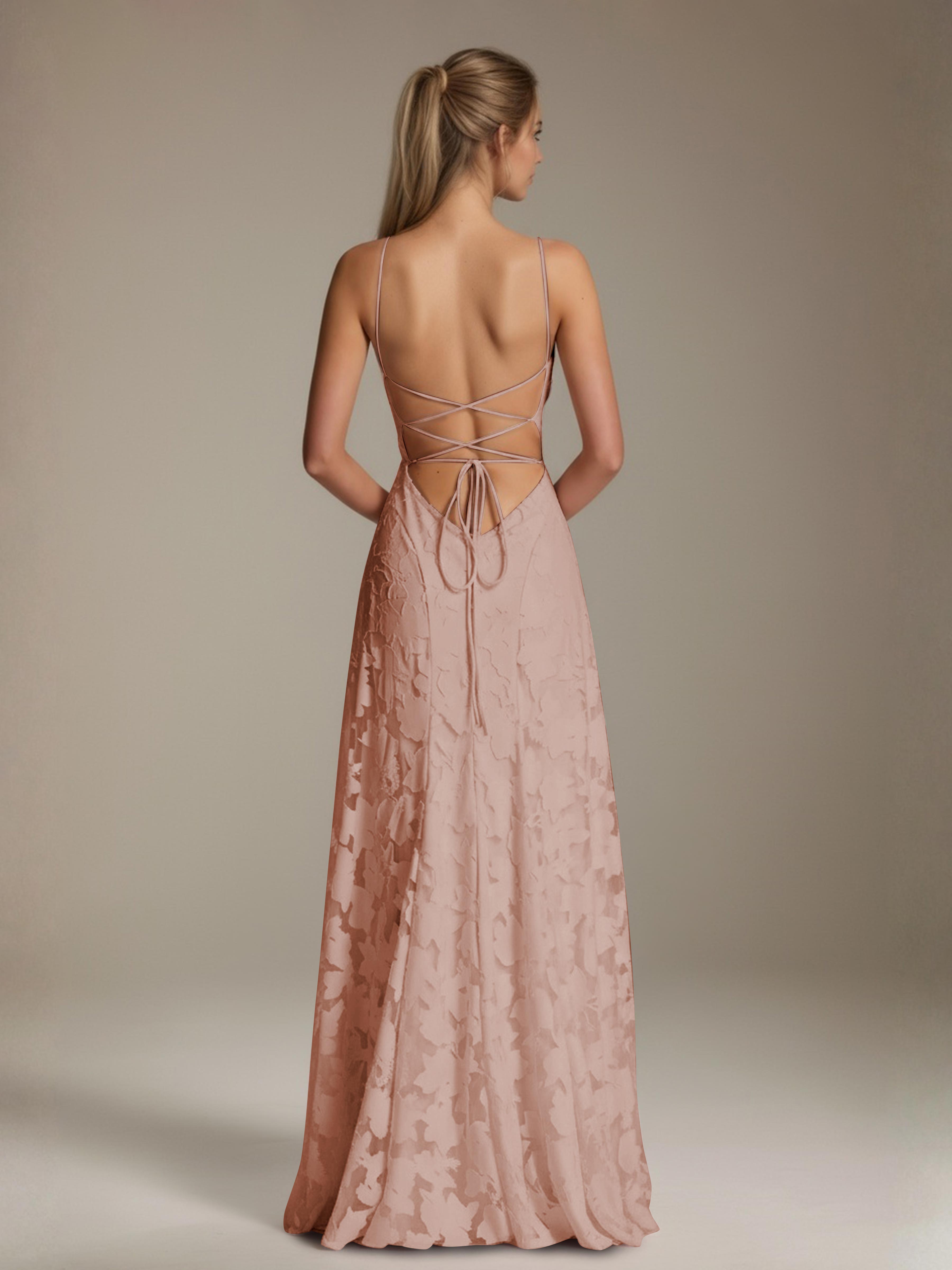 Robe demoiselle d'honneur dentelle bretelles spaghetti longueur sol