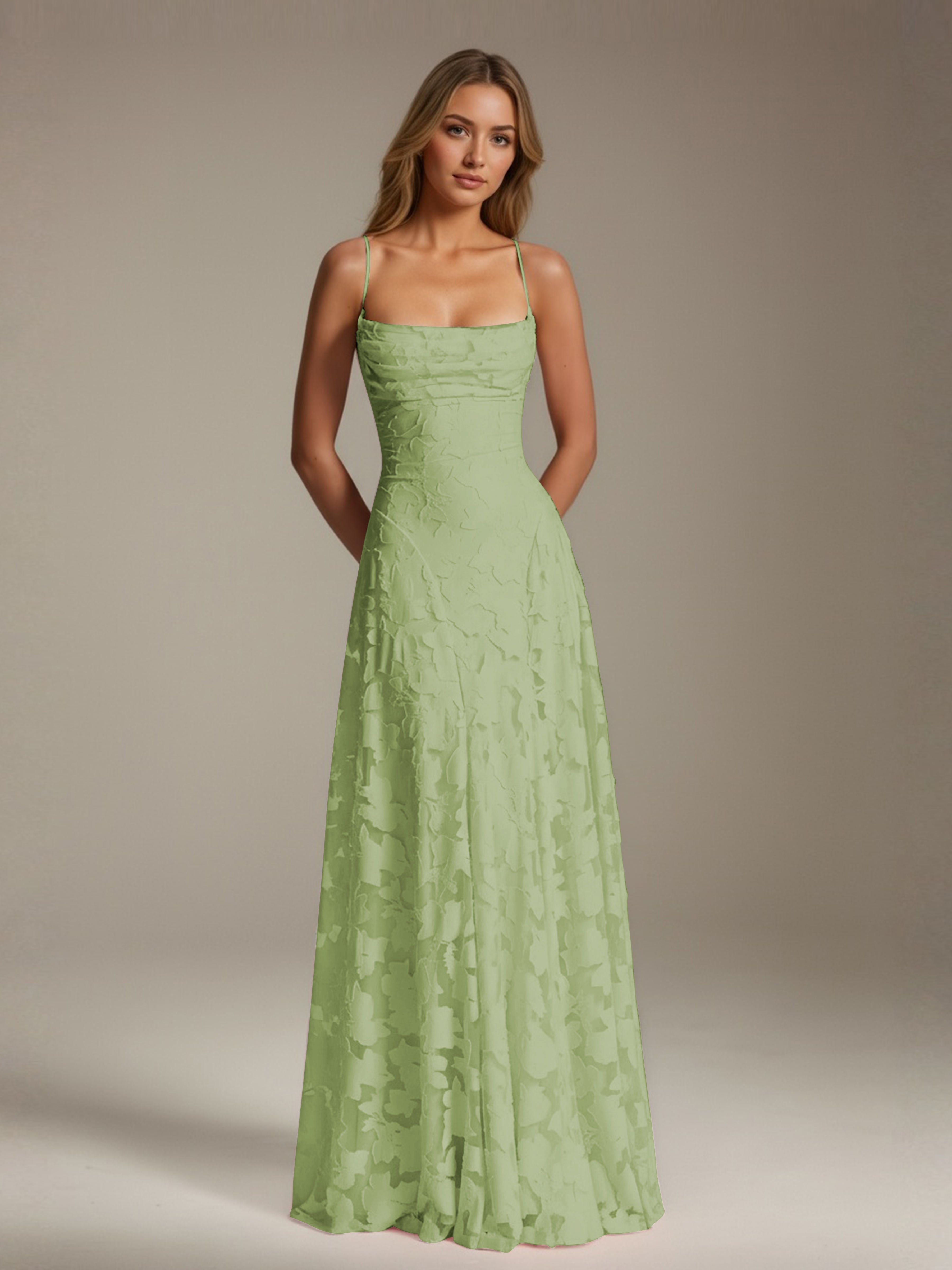 Robe demoiselle d'honneur dentelle bretelles spaghetti longueur sol