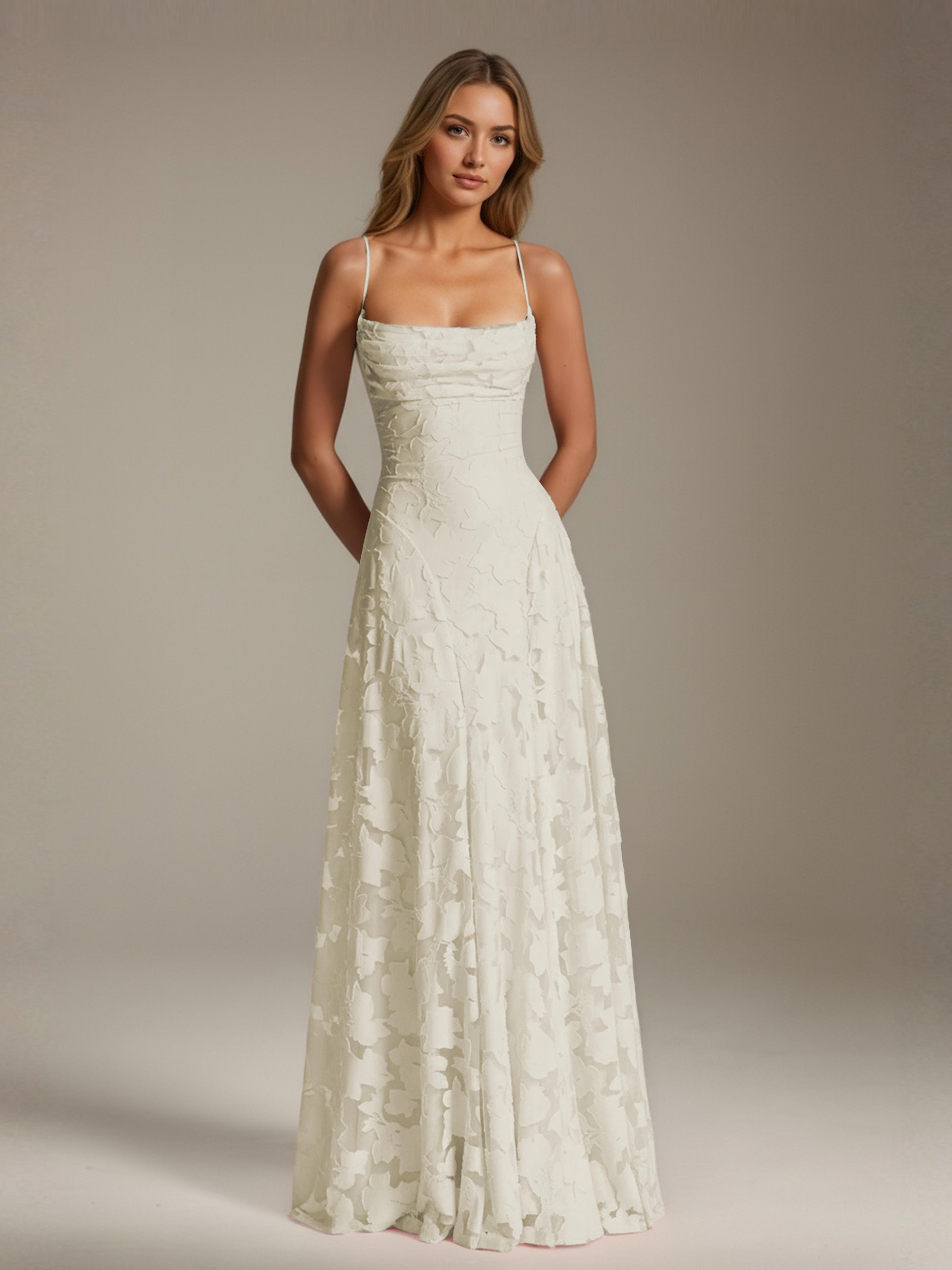 Robe demoiselle d'honneur dentelle bretelles spaghetti longueur sol