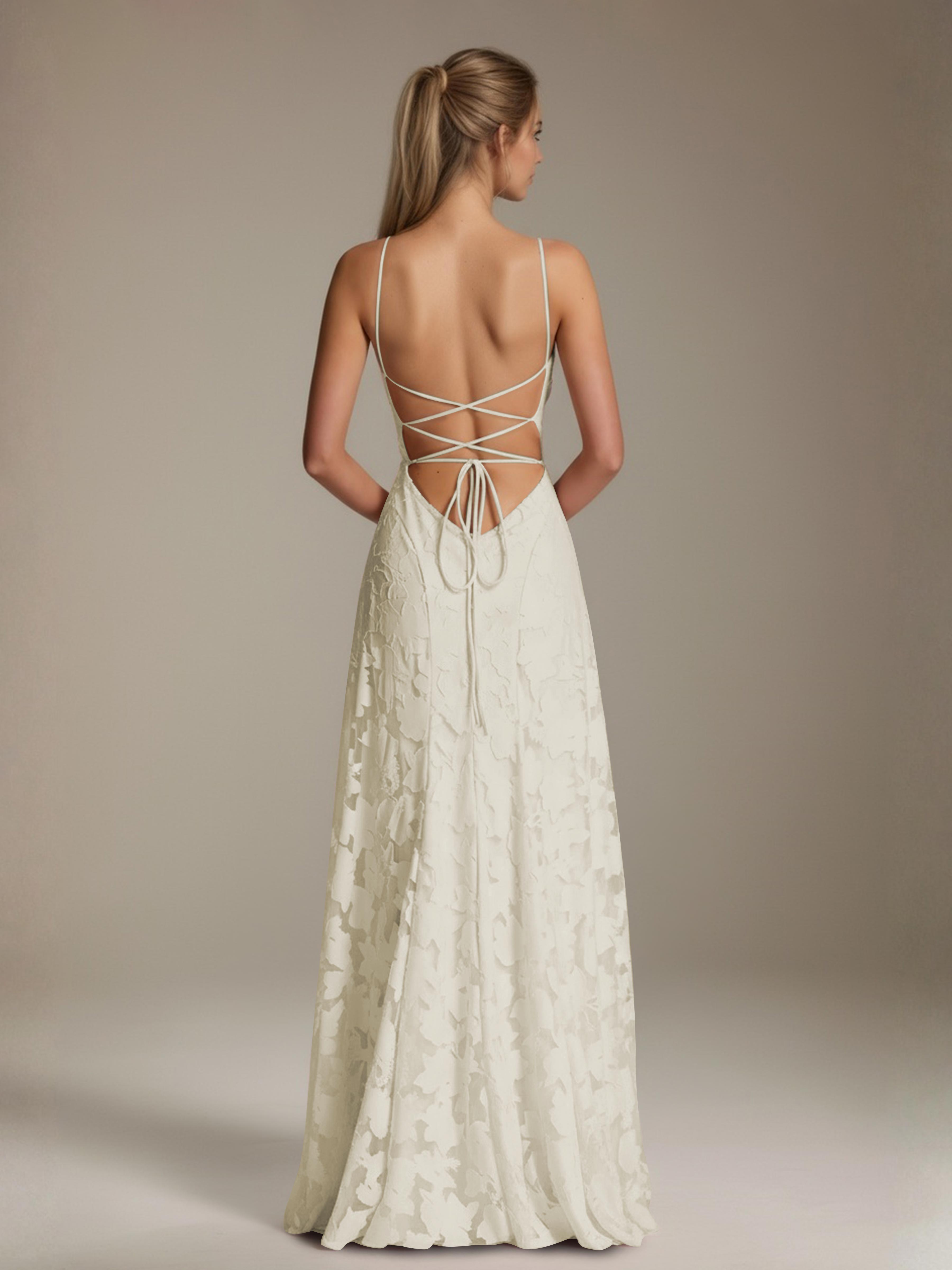 Robe demoiselle d'honneur dentelle bretelles spaghetti longueur sol