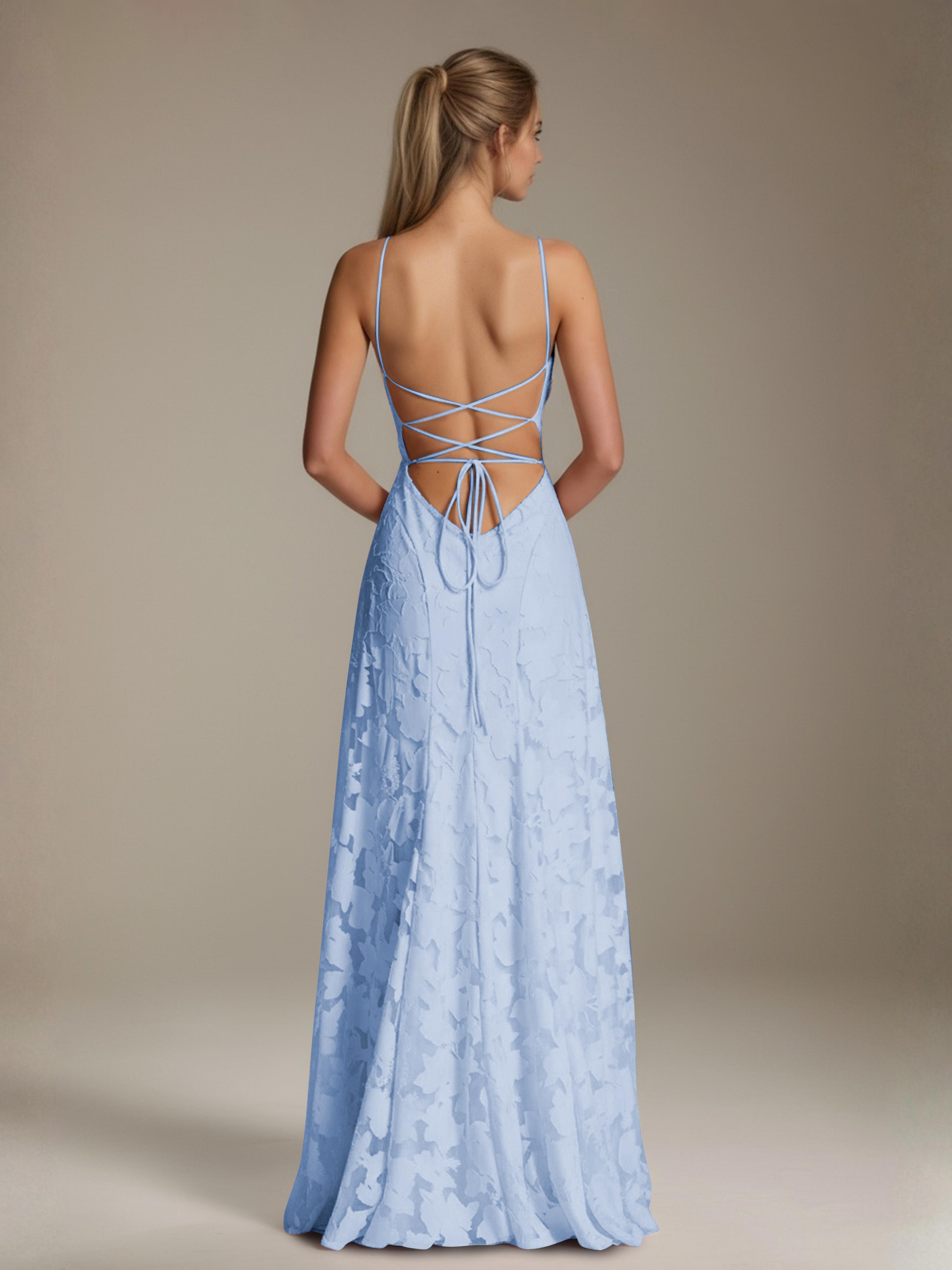 Robe demoiselle d'honneur dentelle bretelles spaghetti longueur sol