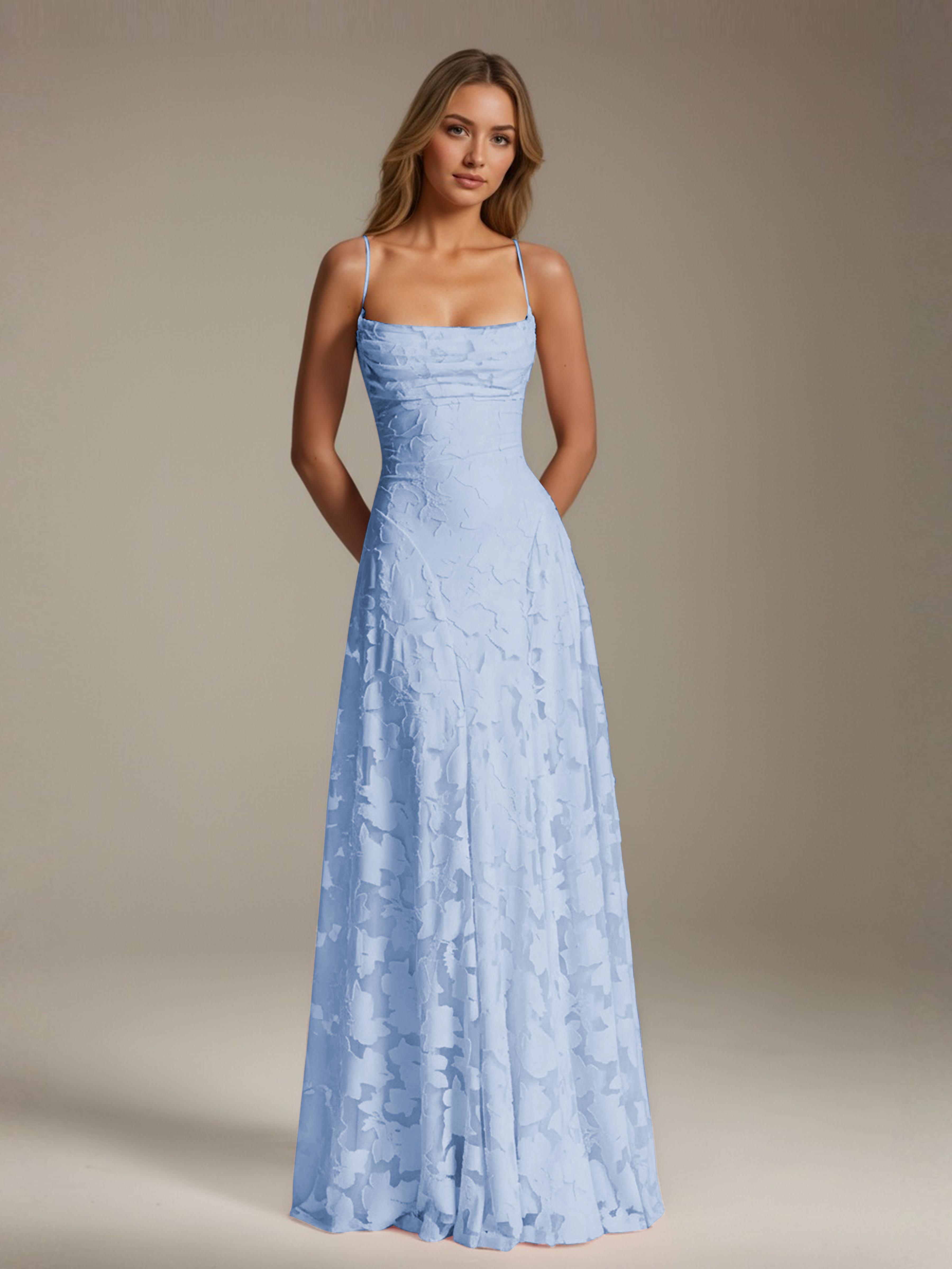 Robe demoiselle d'honneur dentelle bretelles spaghetti longueur sol