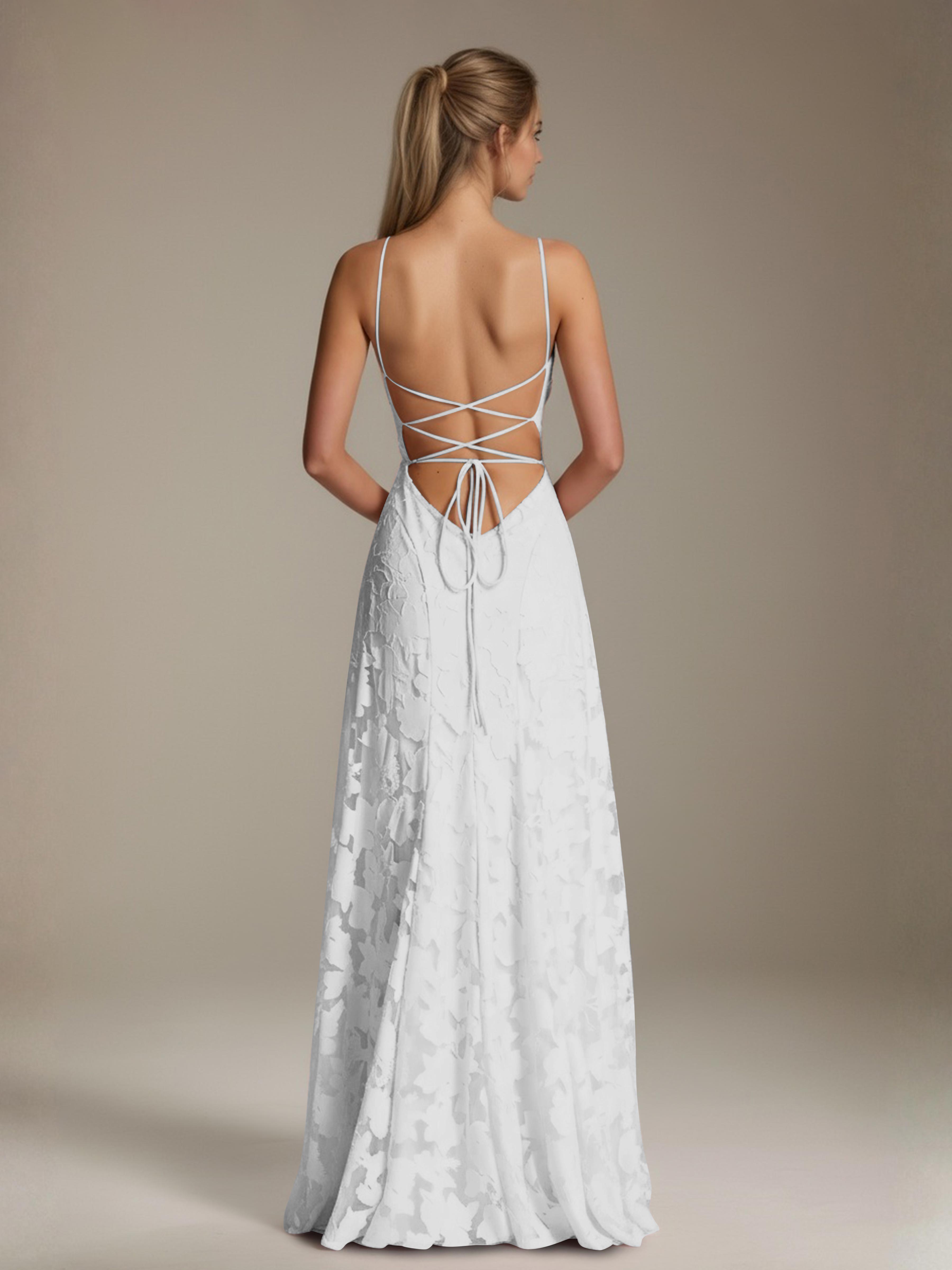 Robe demoiselle d'honneur dentelle bretelles spaghetti longueur sol