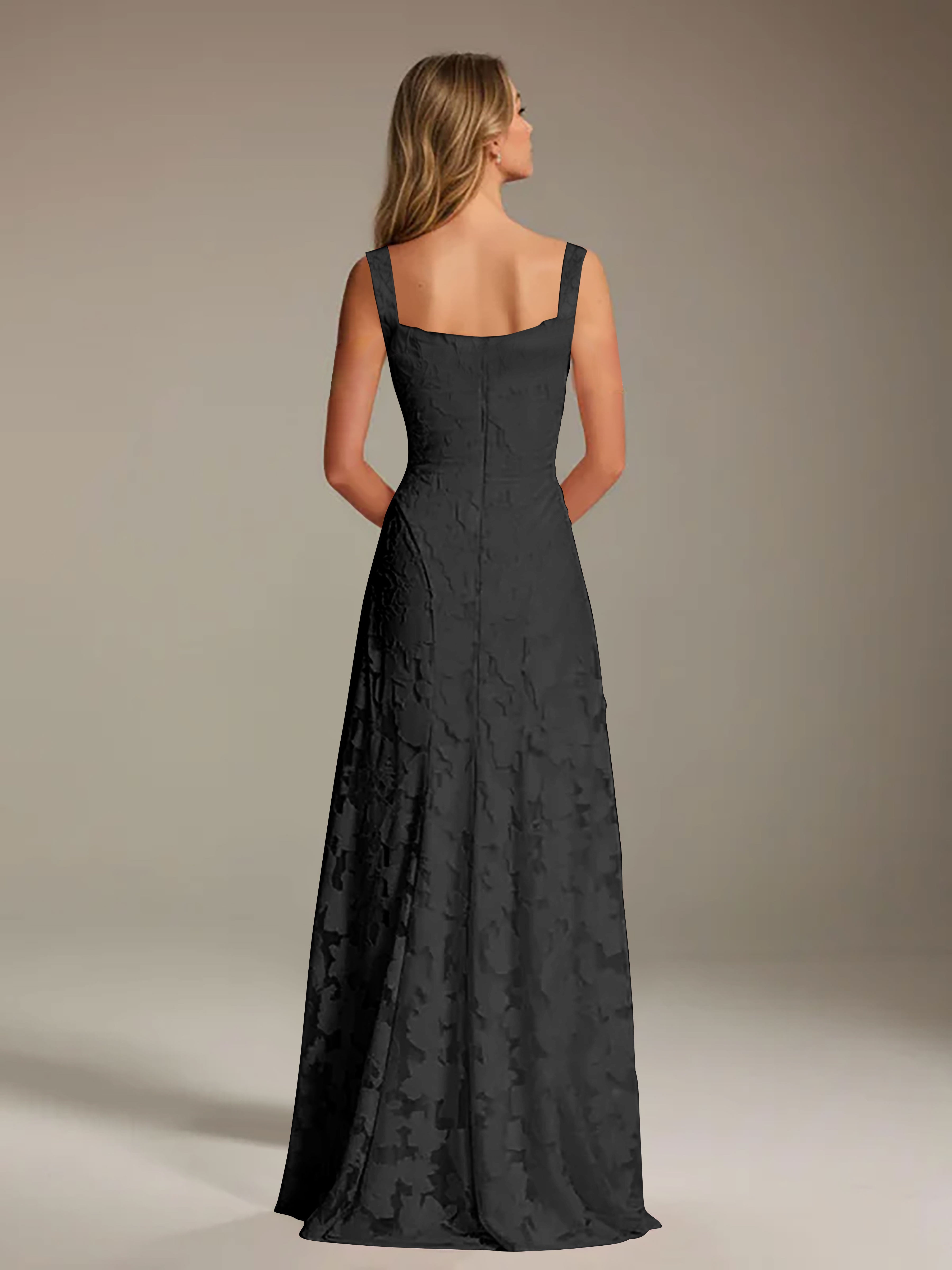 Robe de soirée A-line dentelle plissée col carré longueur sol