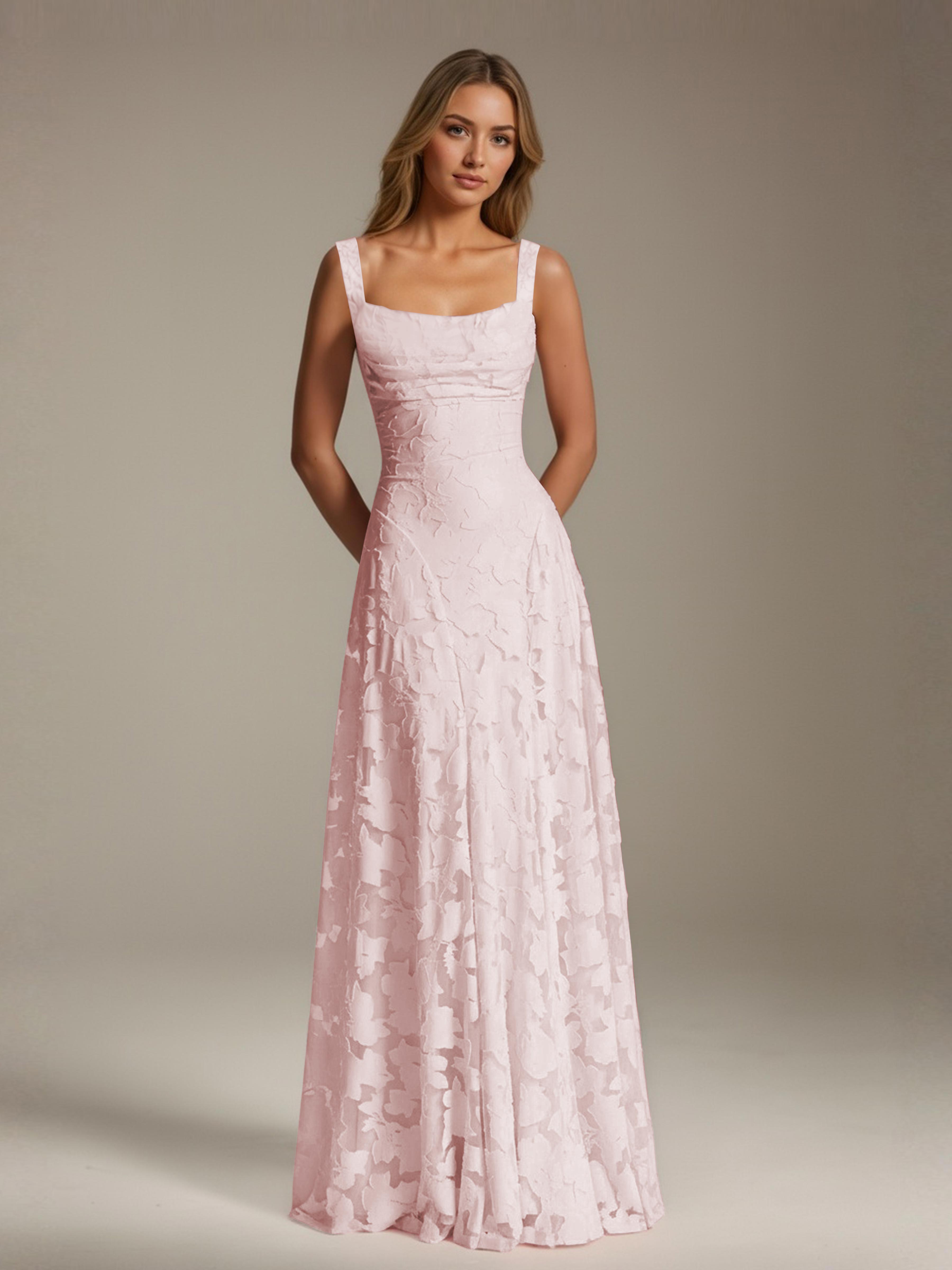 Robe de soirée A-line dentelle plissée col carré longueur sol