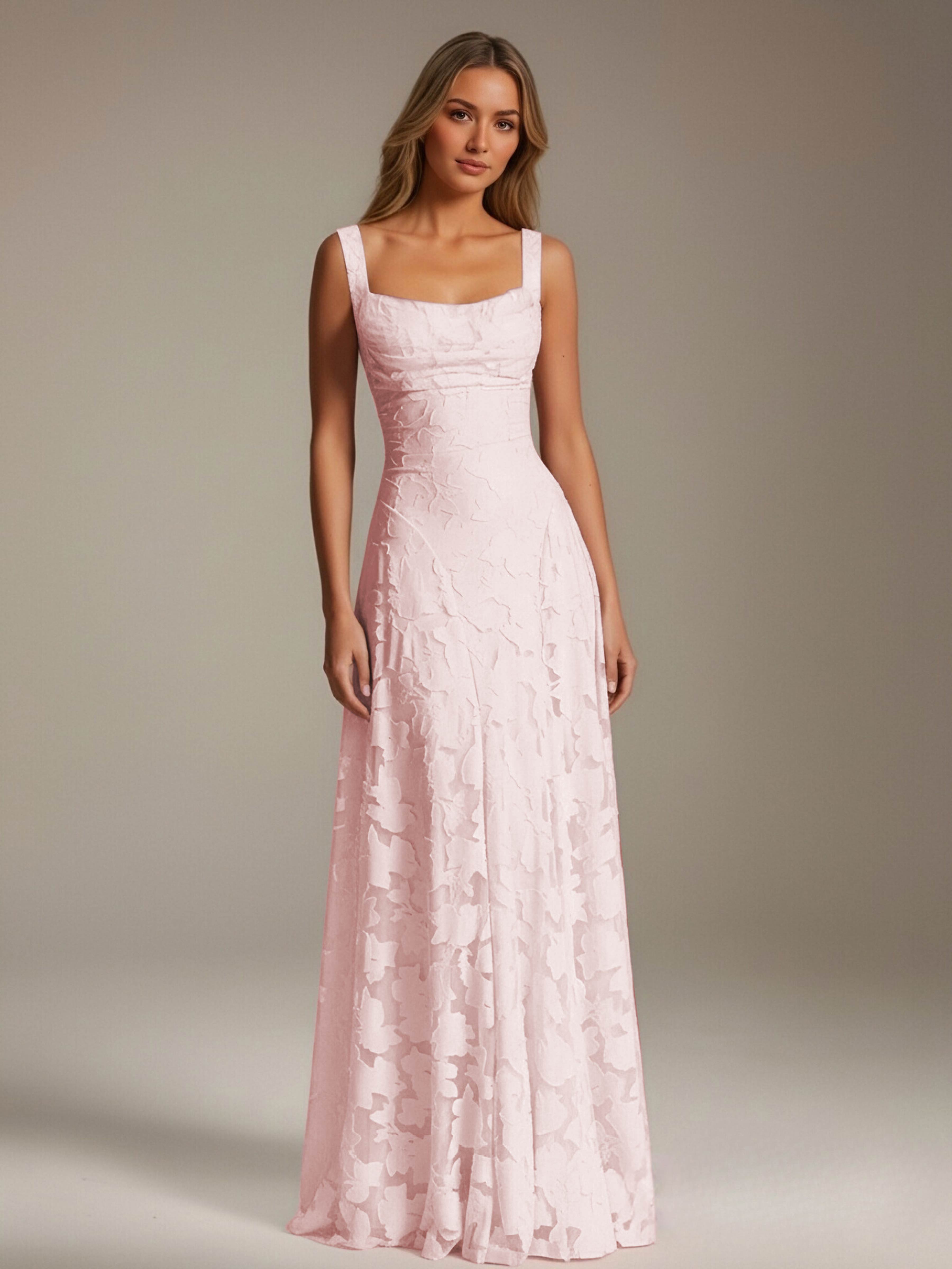 Robe de soirée A-line dentelle plissée col carré longueur sol