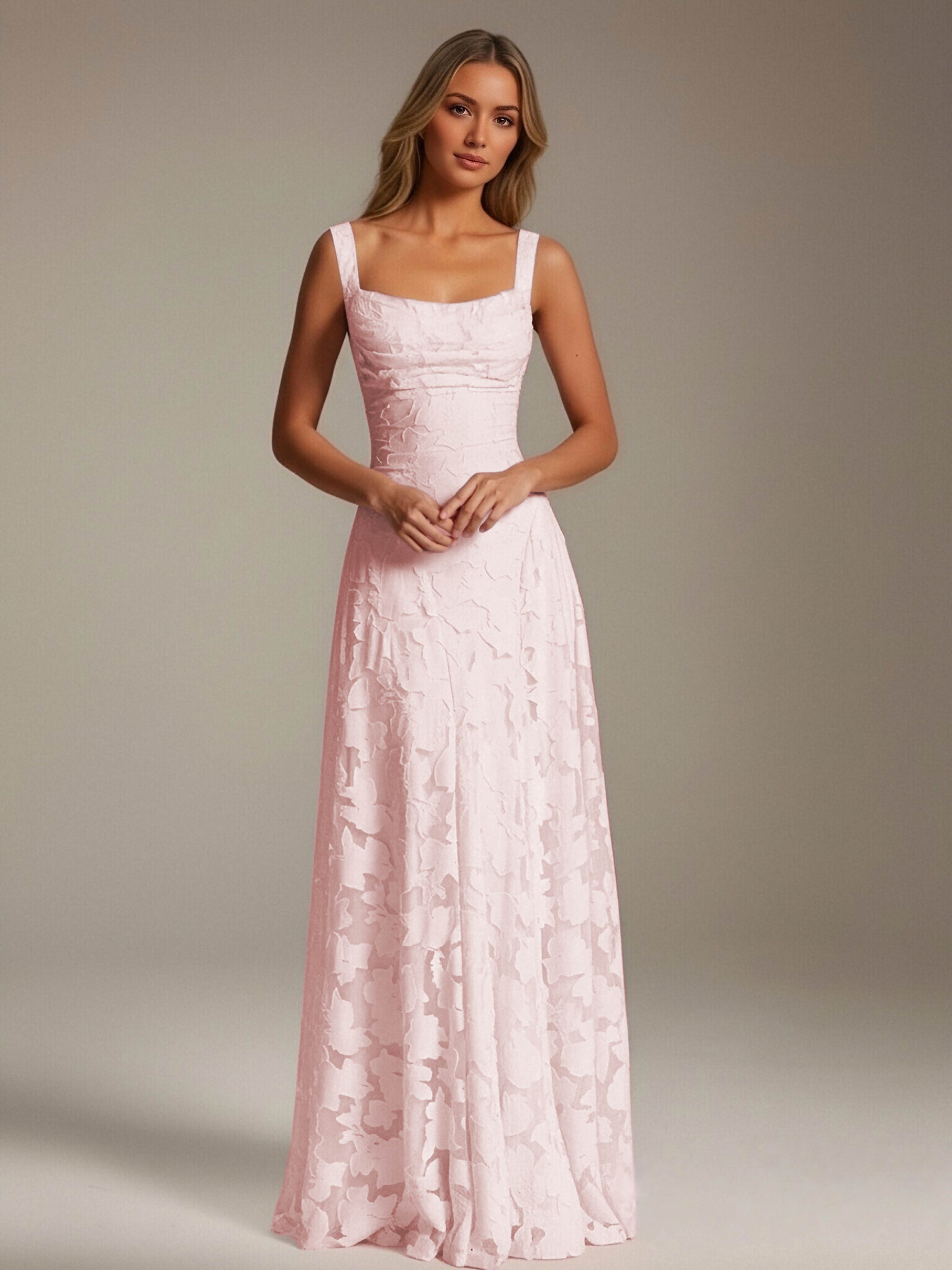 Robe de soirée A-line dentelle plissée col carré longueur sol