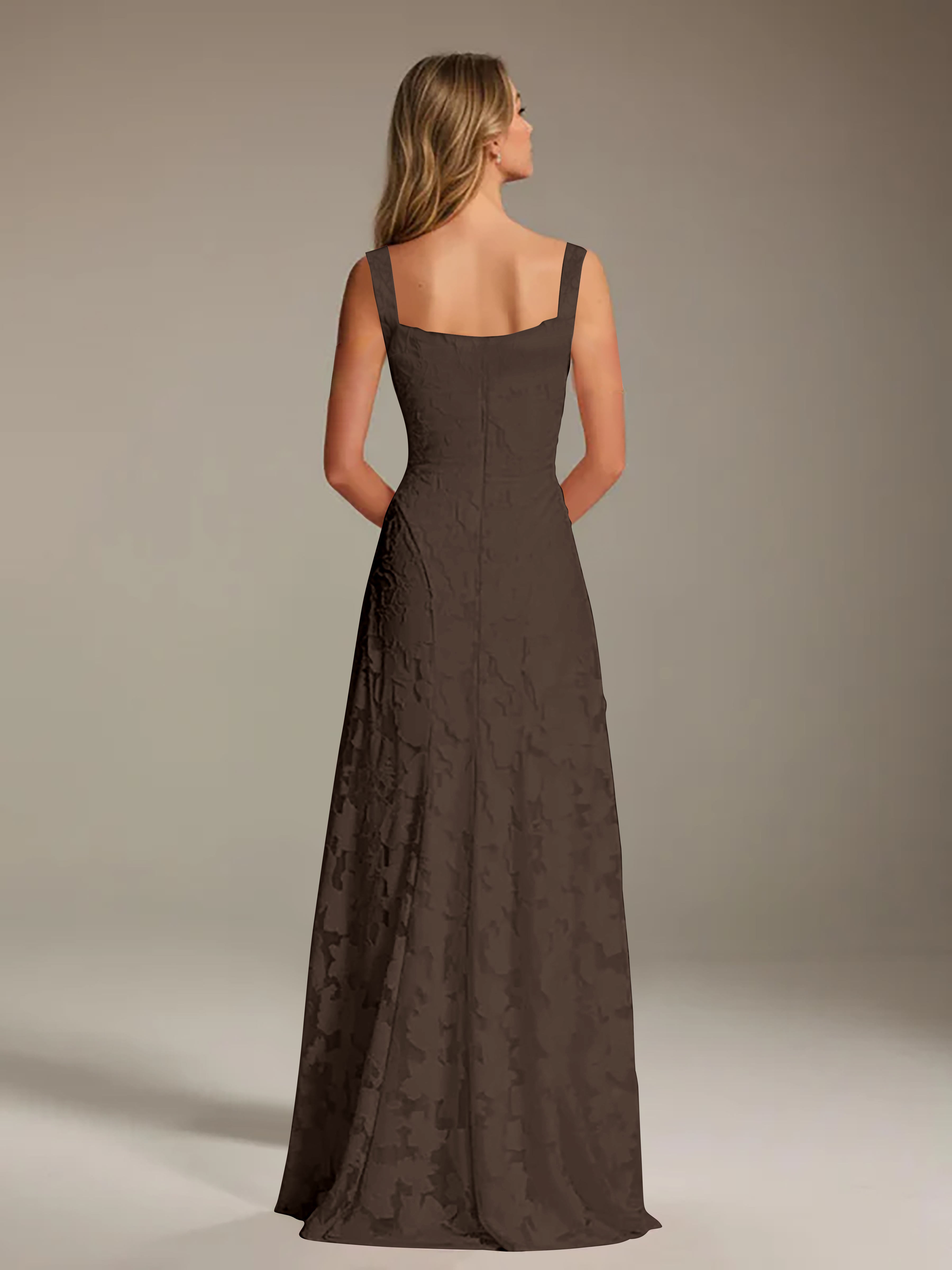 Robe de soirée A-line dentelle plissée col carré longueur sol