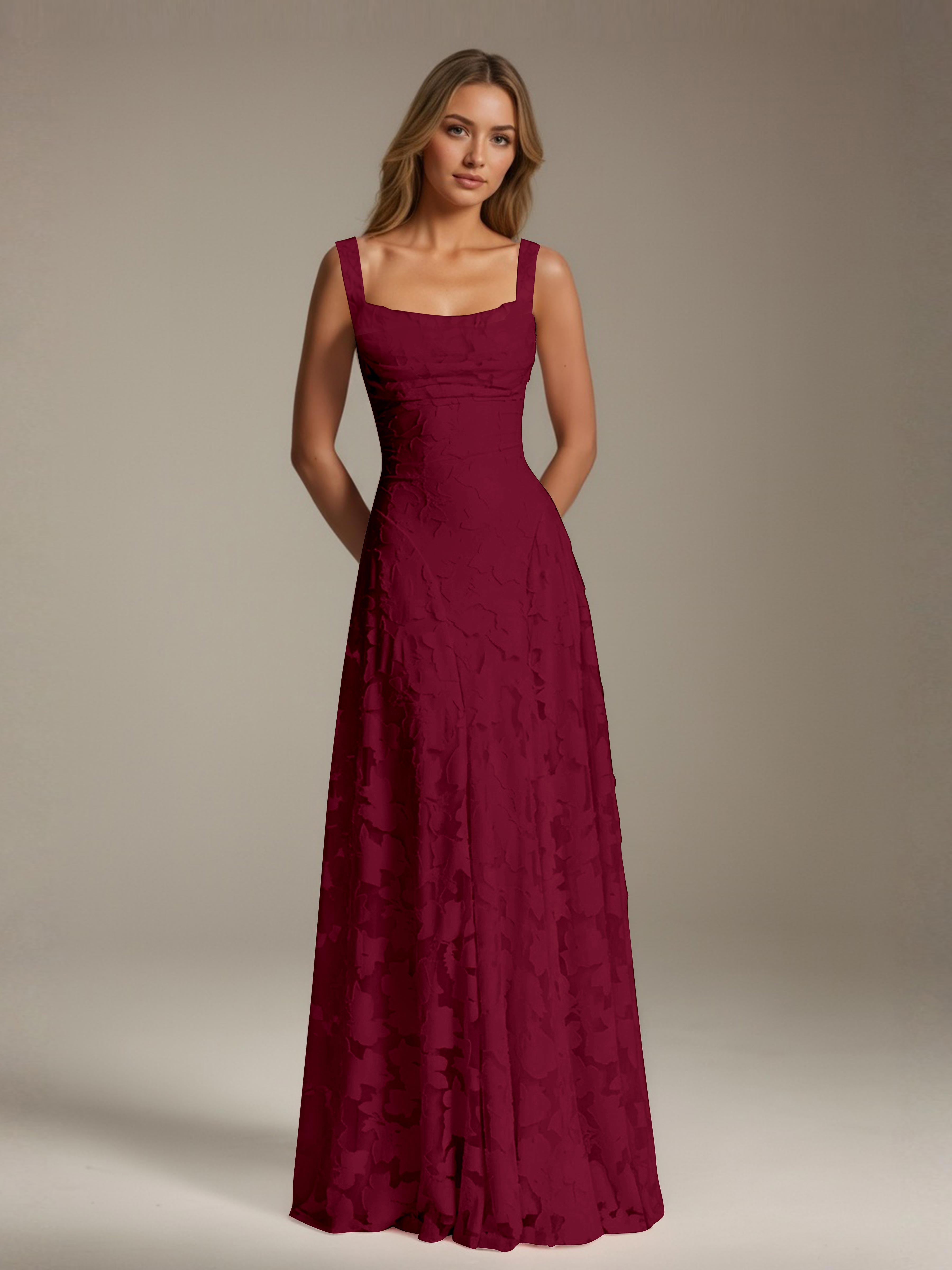 Robe de soirée A-line dentelle plissée col carré longueur sol