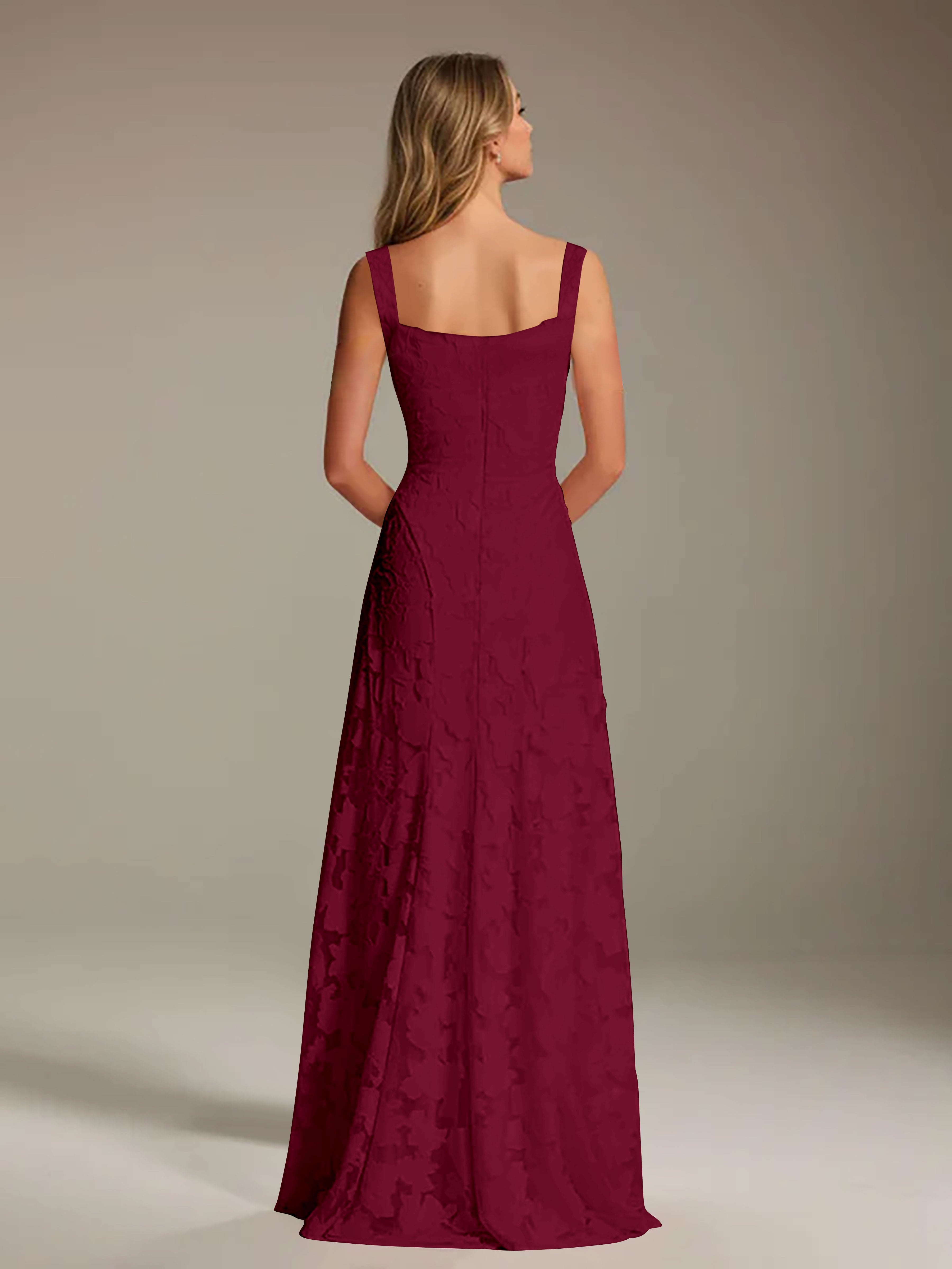 Robe de soirée A-line dentelle plissée col carré longueur sol