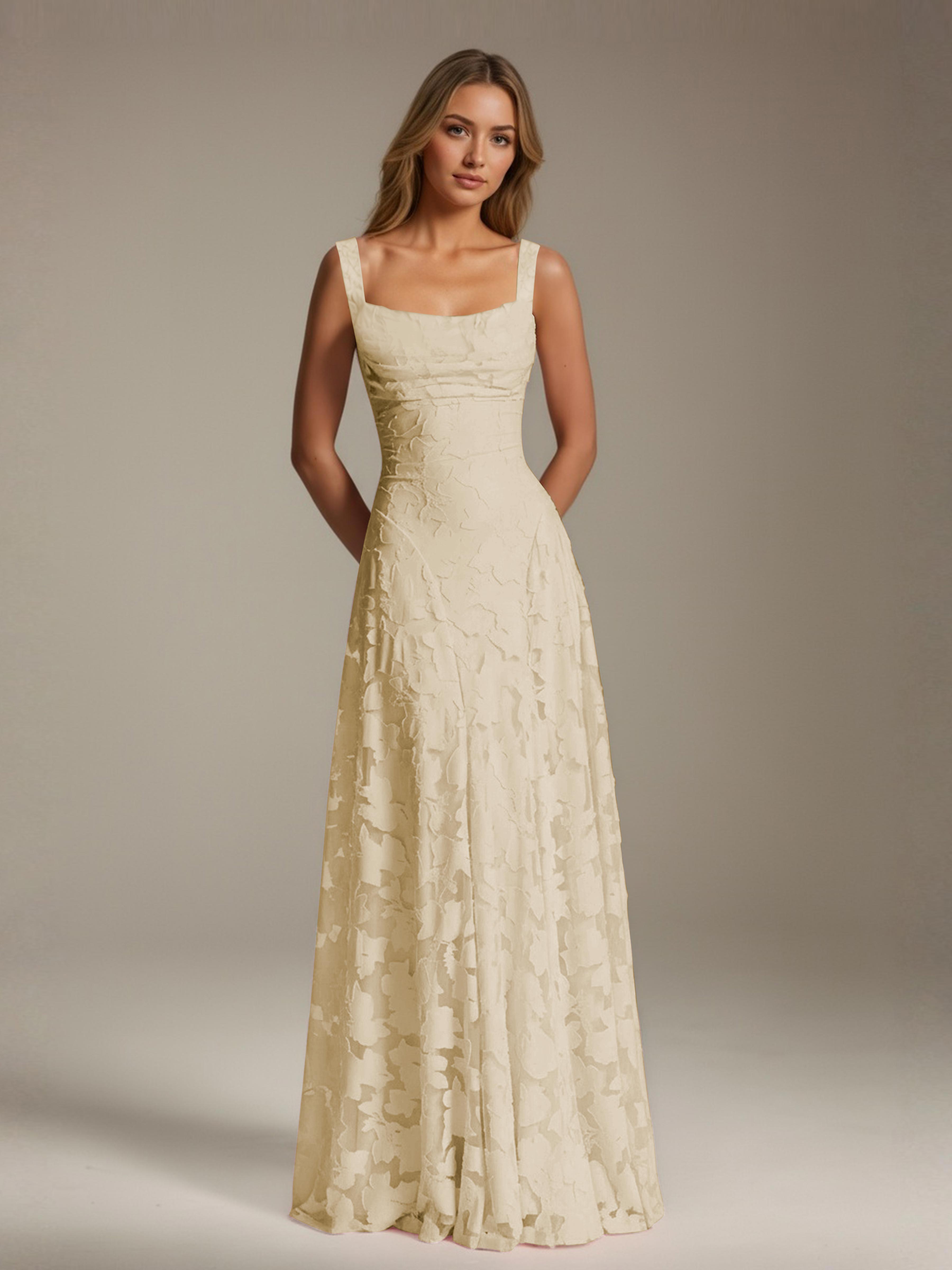 Robe de soirée A-line dentelle plissée col carré longueur sol