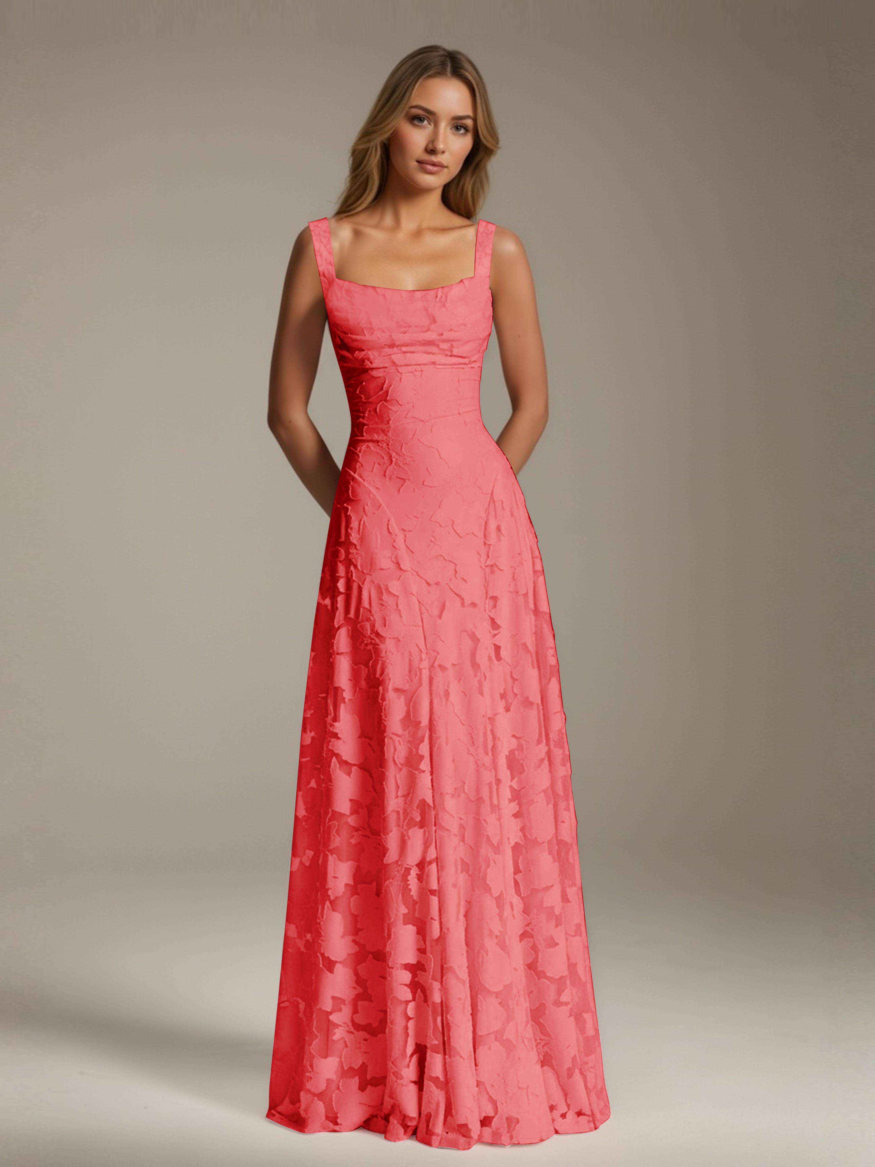 Robe de soirée A-line dentelle plissée col carré longueur sol