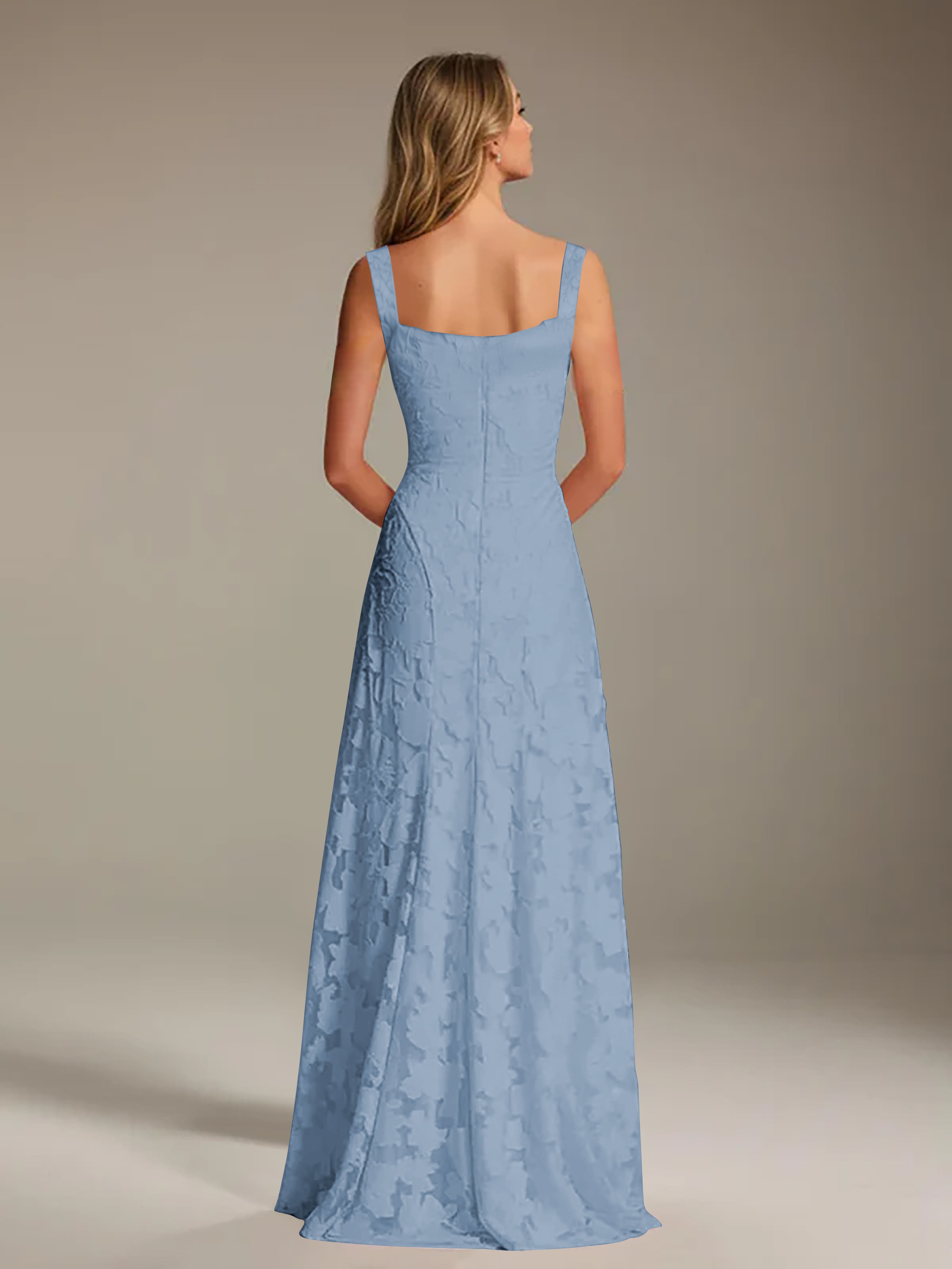 Robe de soirée A-line dentelle plissée col carré longueur sol