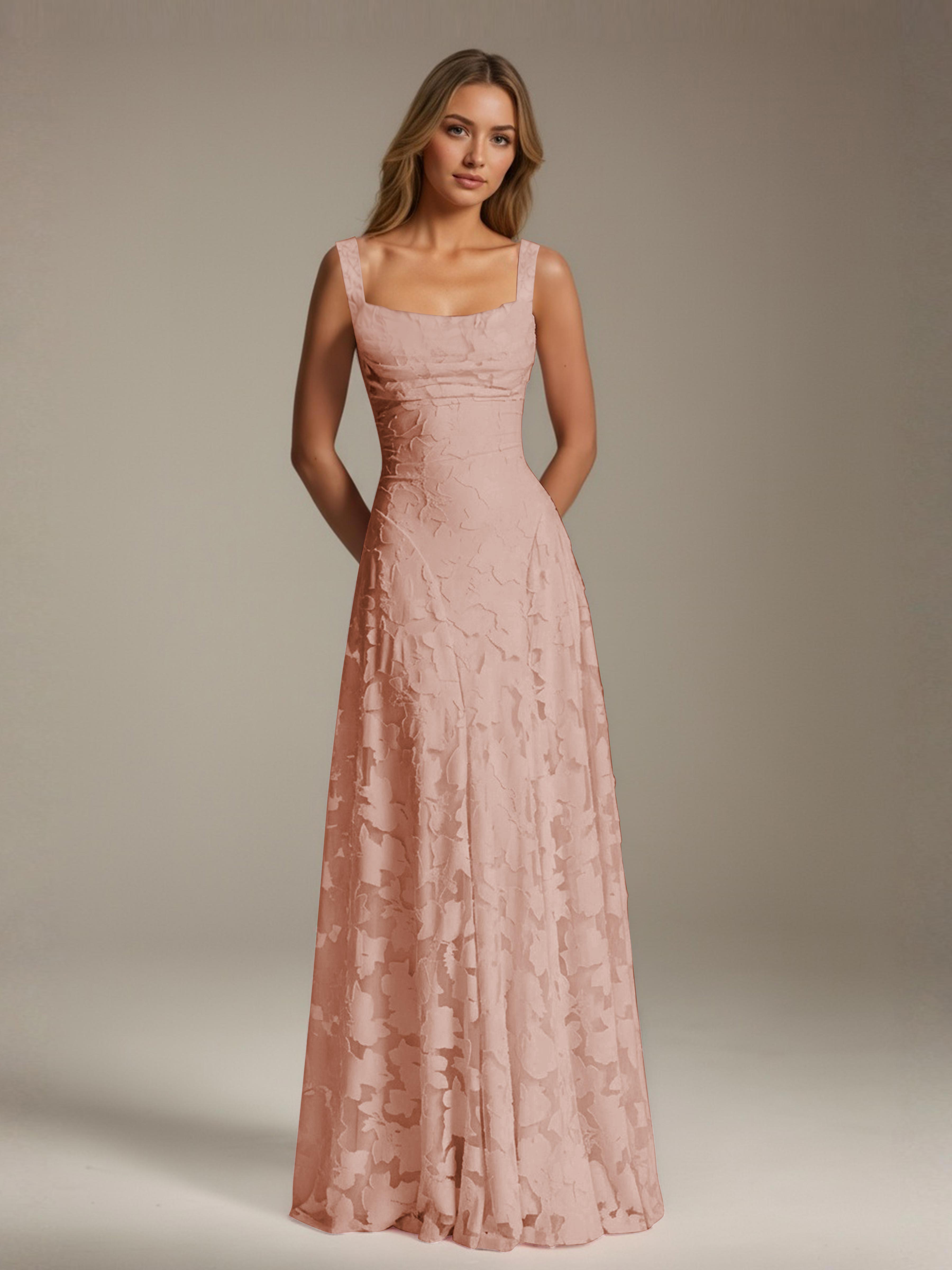 Robe de soirée A-line dentelle plissée col carré longueur sol