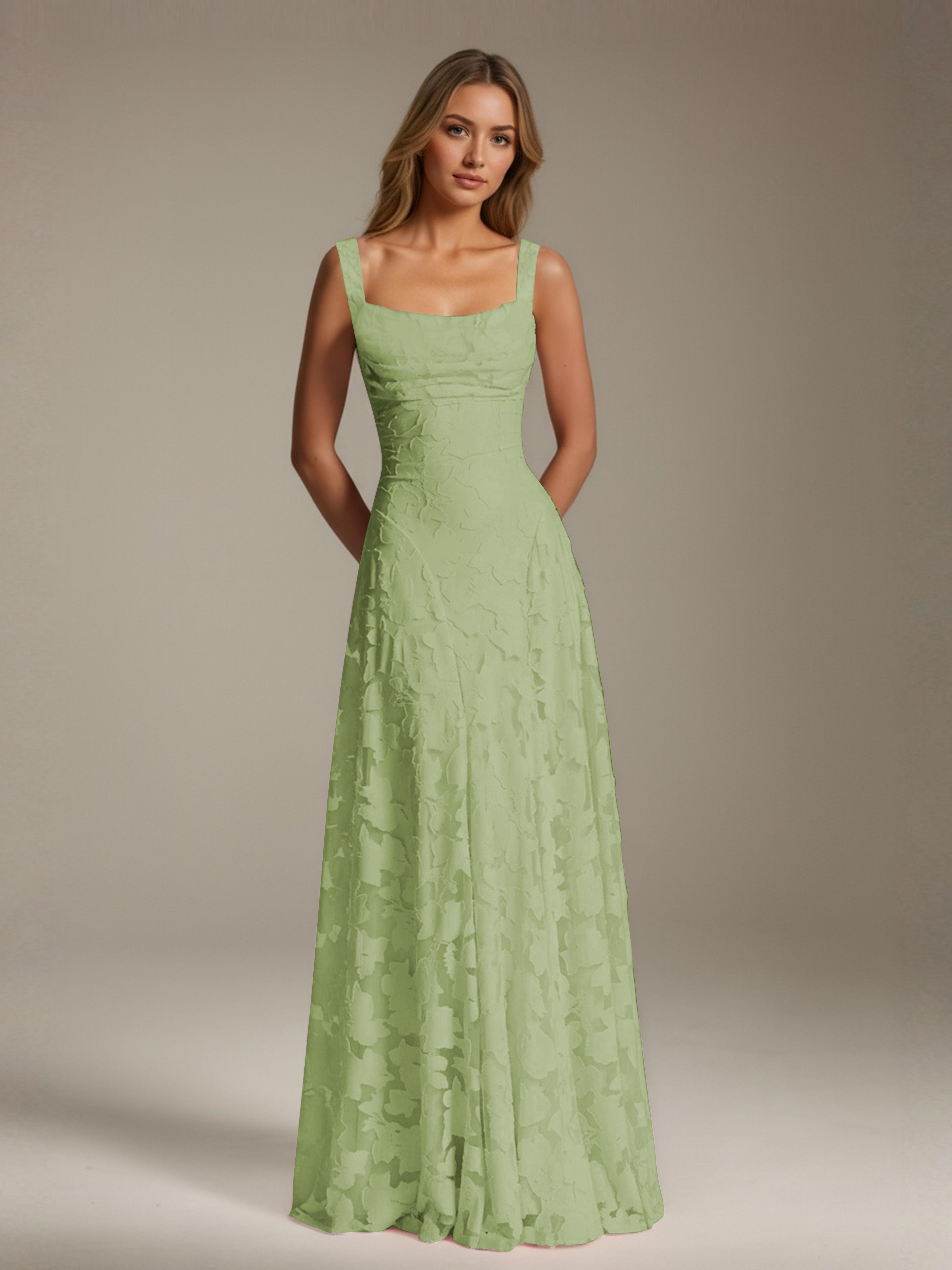 Robe de soirée A-line dentelle plissée col carré longueur sol