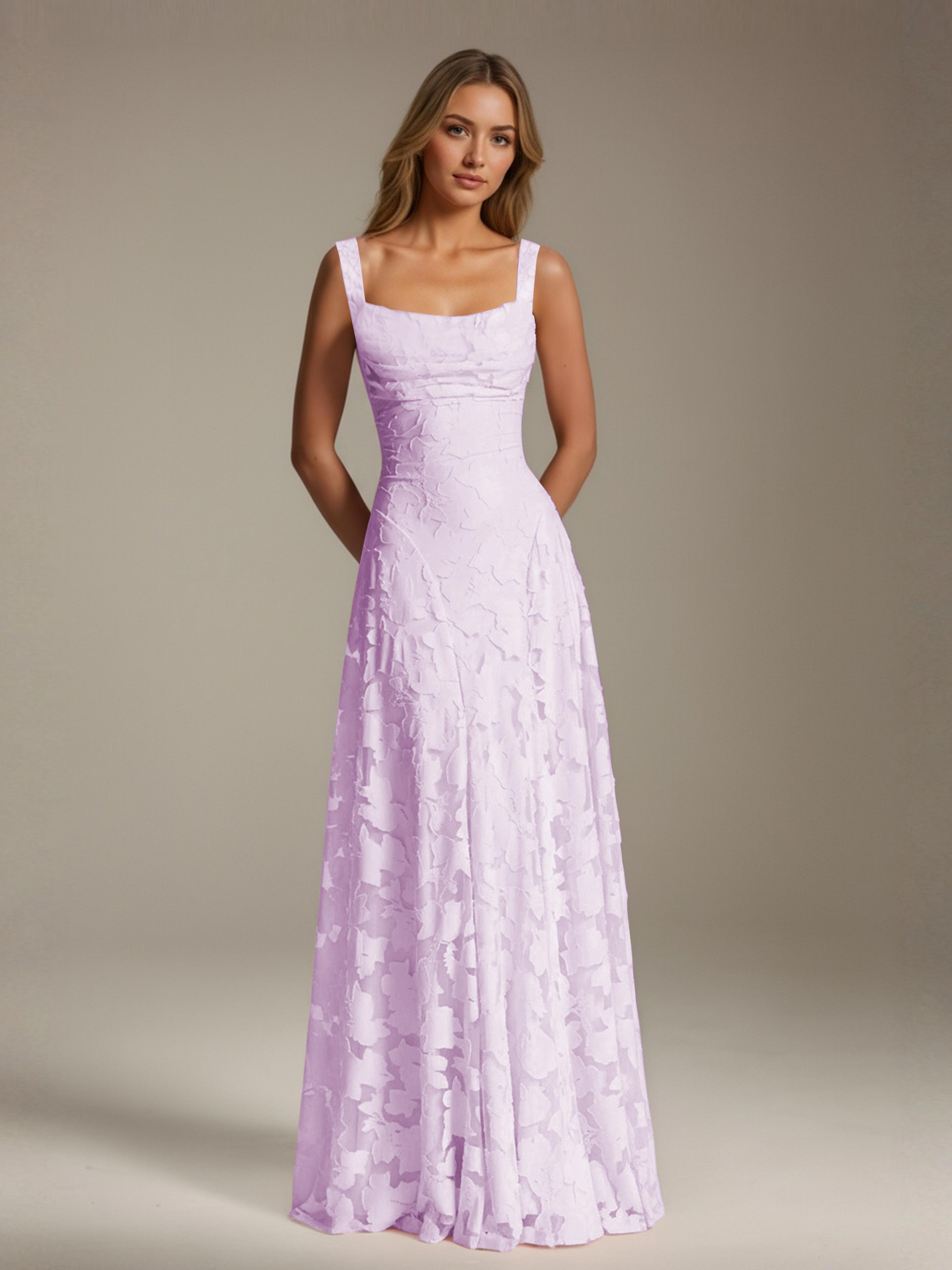 Robe de soirée A-line dentelle plissée col carré longueur sol