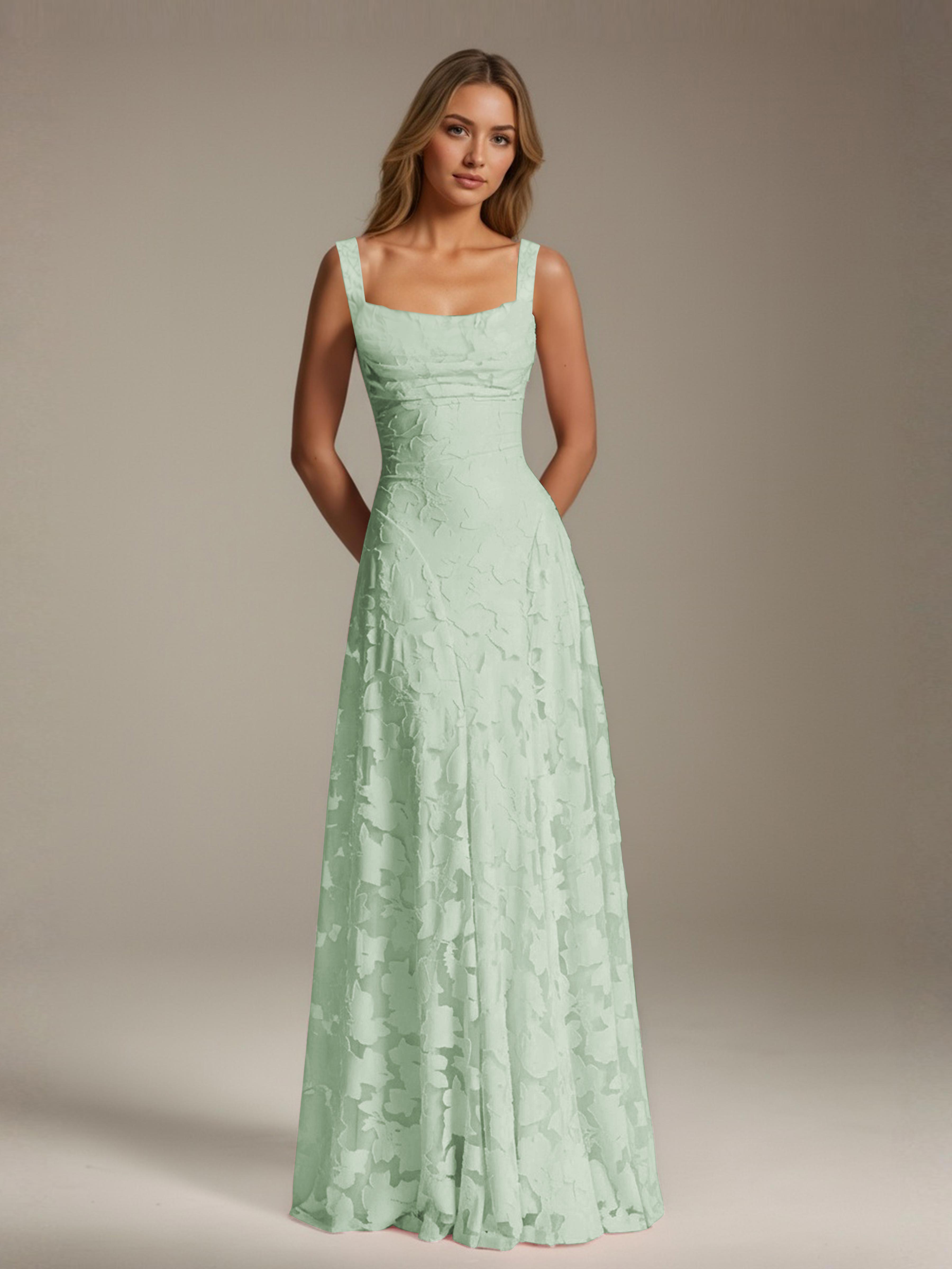 Robe de soirée A-line dentelle plissée col carré longueur sol